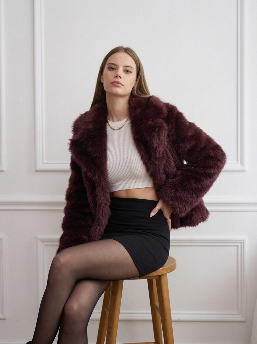 Stanetco Women's Short Burgundy Faux Fur Coat - Cropped Fluffy Winter Jacket, Elegant Maroon Shaggy Outerwear with Lapel Collar