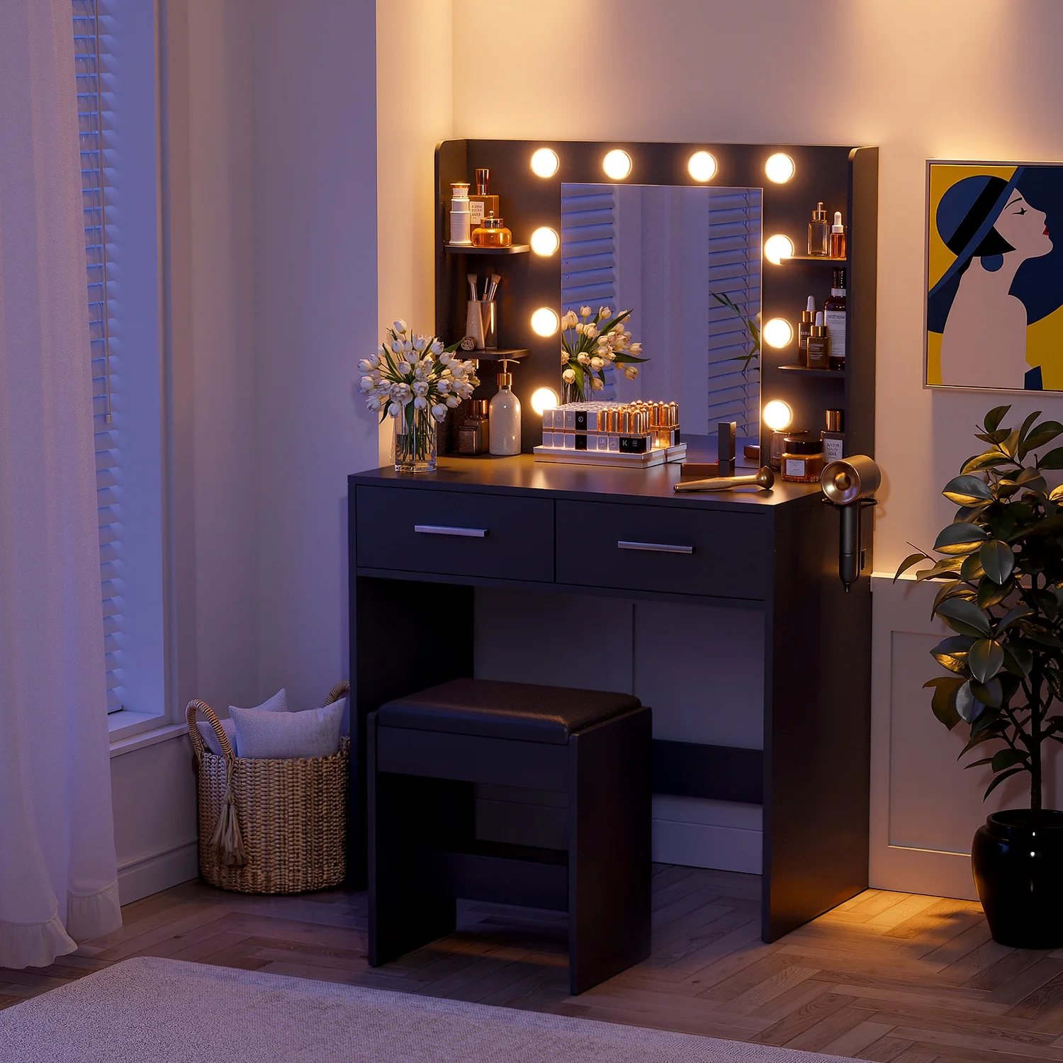 Makeup Vanity Desk with Lighted Mirror Power Outlet, Makeup Vanity with stool,White(White/2 Pack) - Image 10