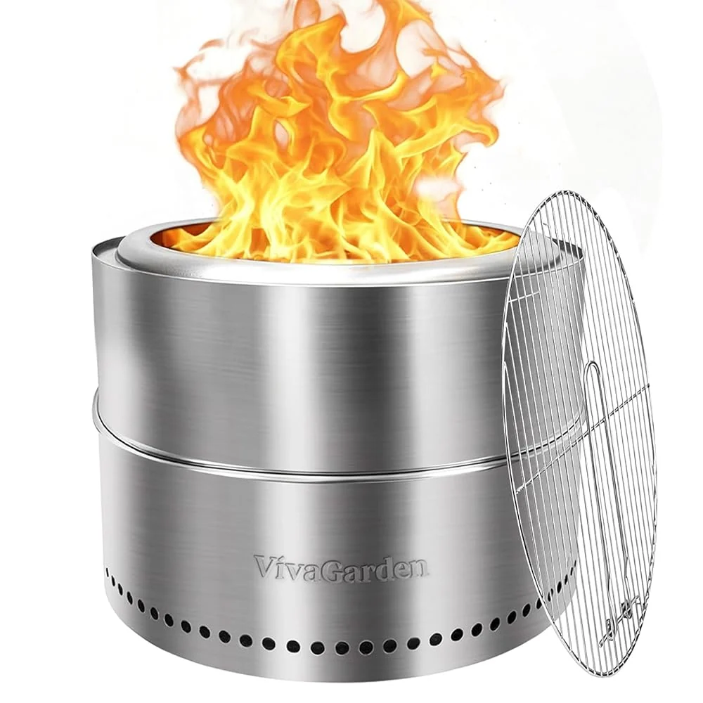 Smokeless Fire Pit, VivaGarden Outdoor Wood Burning Fire Pit with Carry Bag, Stainless Steel Firepit for Camping, Backyard, Patio, Bonfire & Garden Gatherings (Silver, 15.4H x 19.5D)