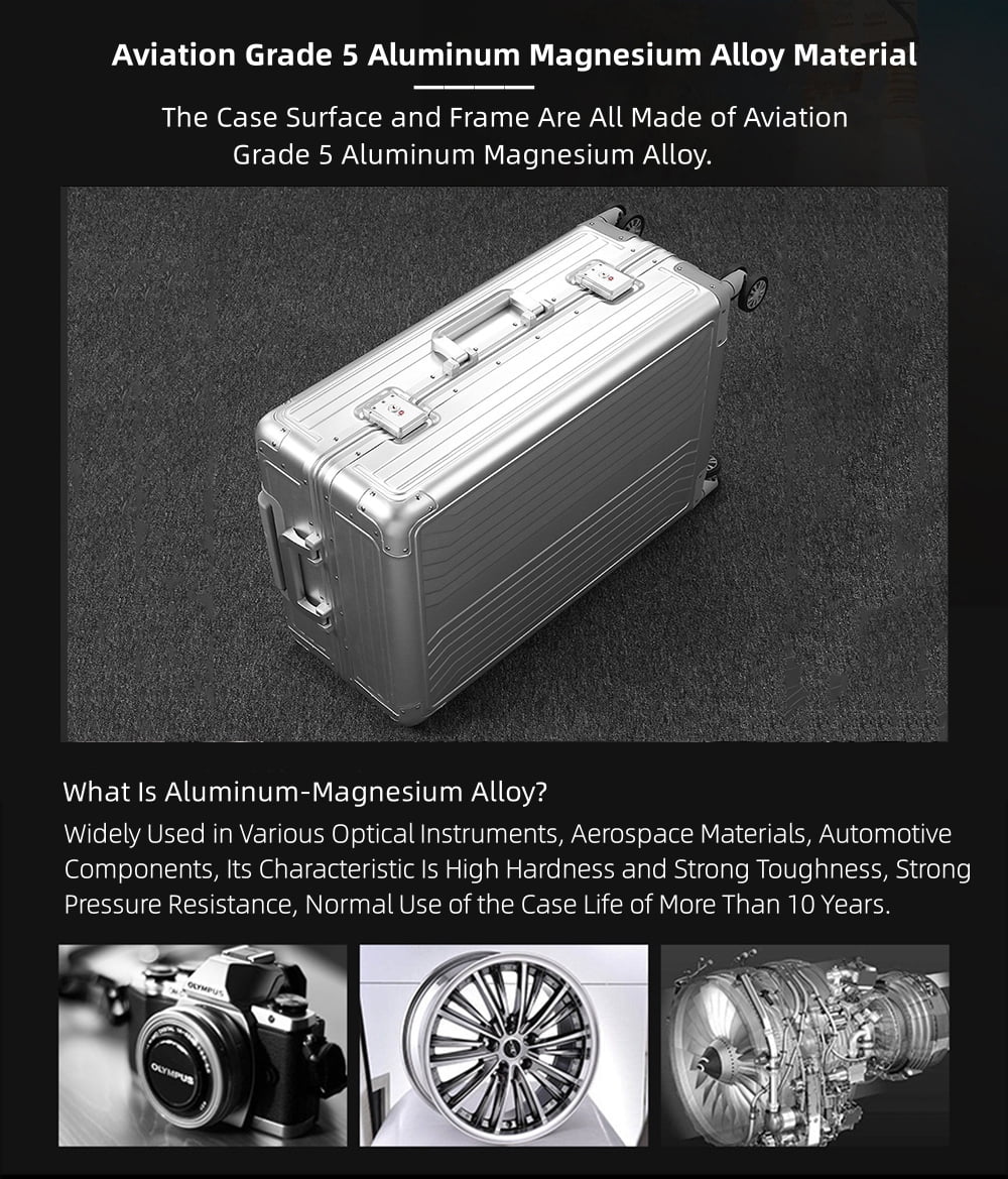 All Aluminum Magnesium Hardshell Carry on Luggage with Wheels, Modern Zipperless Hardshell Checked Luggage with TSA Lock, Airline Approved Metal Suitcase Travel Metal Rolling Luggage