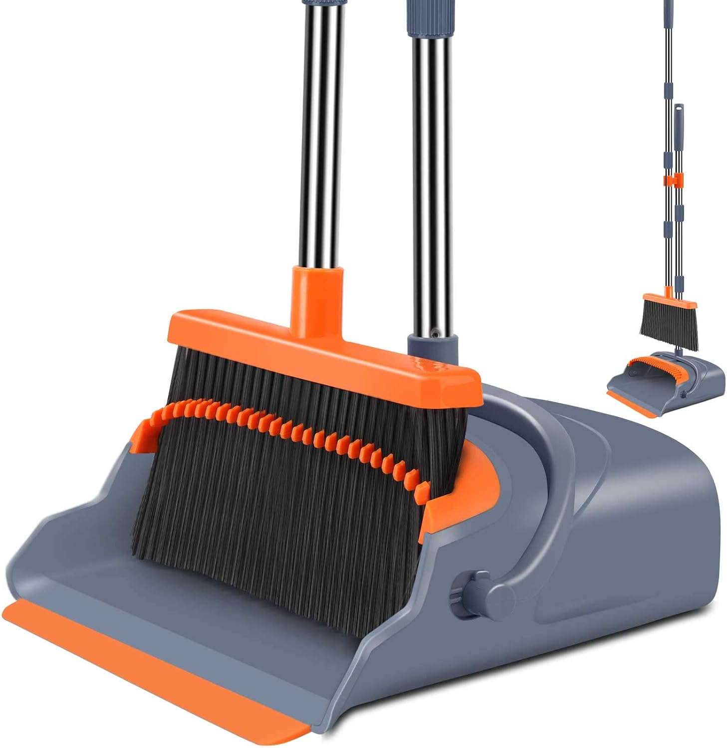Upgraded Broom and Dustpan Set, Self-Cleaning with Dustpan Teeth, Indoor & Outdoor Sweeping, Ideal for Dog Cat Pets Home Use, Standing Broom and Dustpan (Gray&Orange)