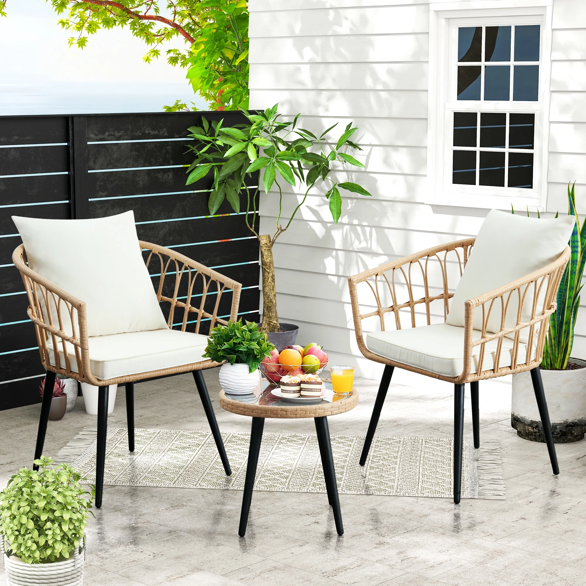3 Piece Patio Bistro Set, Outdoor Wicker Apartment Balcony Furniture Sets, Rattan Table and Chairs Set of 2 for Porch Backyard Lawn Poolside Deck, Beige(3 PCS/Beige) Image 9