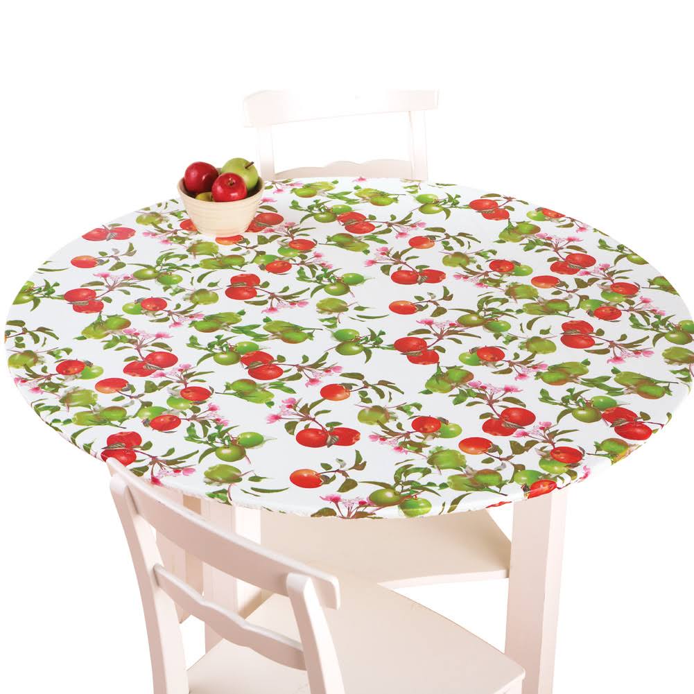 Collections Etc Fitted Elastic No-Slip Fit Table Cover with Soft Flannel Backing, Apples, Round