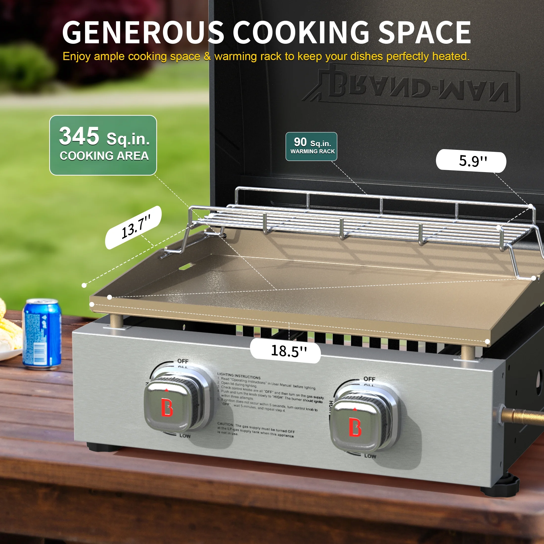 Grills 2-Burner Portable Propane Gas Tabletop Griddle, 22-Inch, 18,000 BTU, Steel(2 Burner+Lid) - Image 9