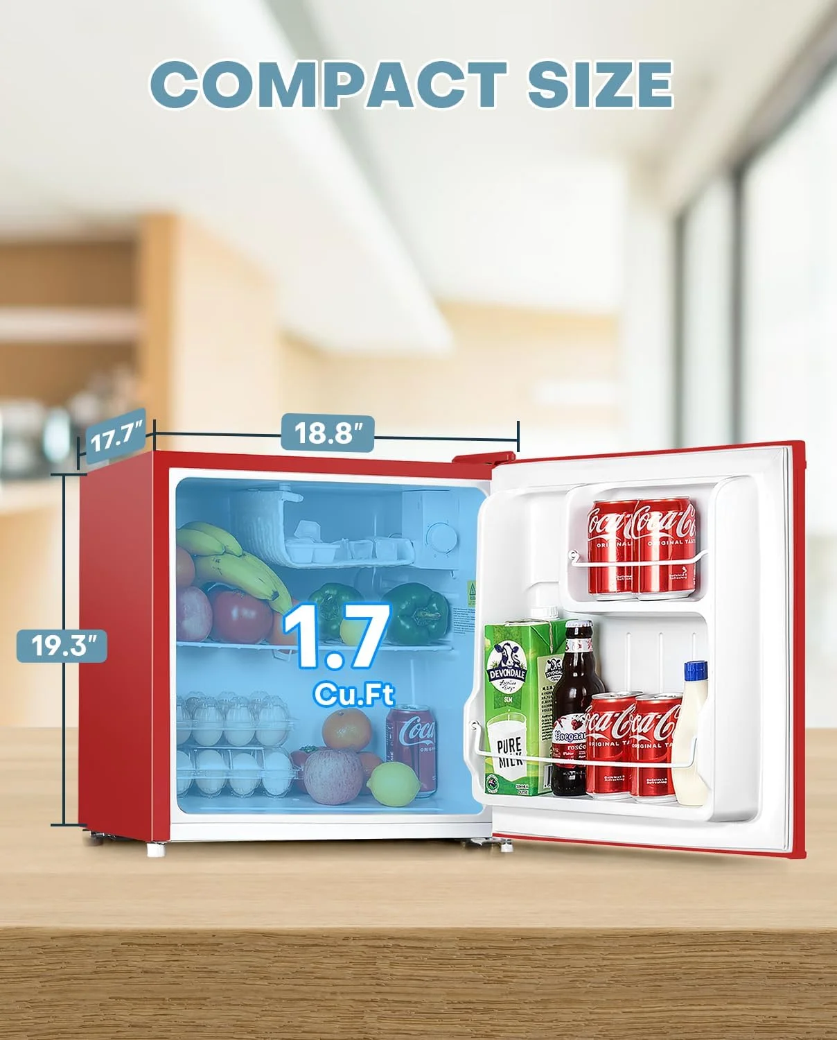 1.7 Cu.ft Mini Fridge with Freezer, Dorm Essentials, Adjustable Thermostat, Energy Saving, Low Noise, Single Door Compact Refrigerator for Dorm, Office, Bedroom, Red-FR17(Red) - Image 2