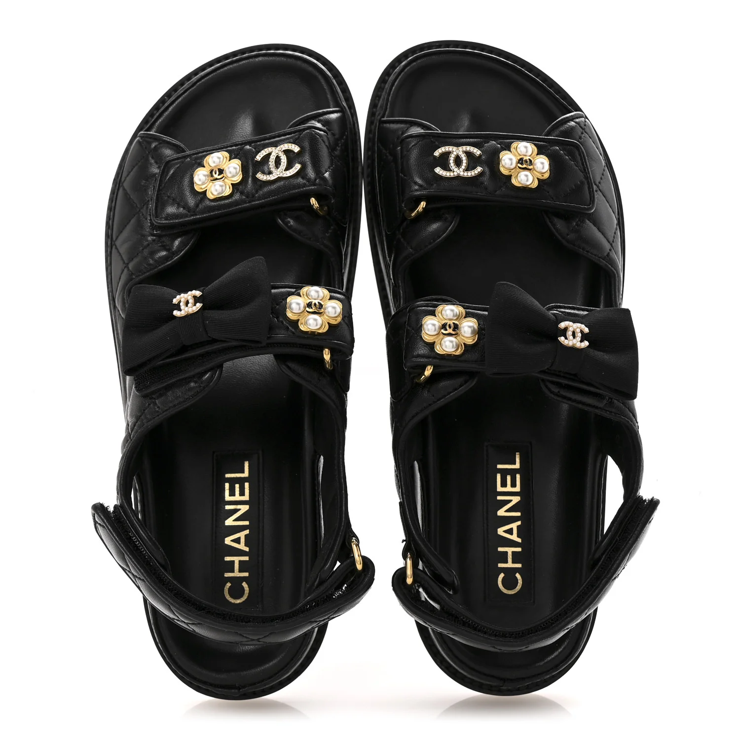 Lambskin Velcro CC Pearl Bow Dad Sandals 38 Black