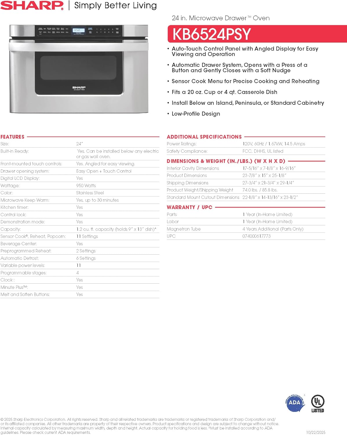 SHARP KB6524PSY Microwave Drawer Oven, 24-inch, 1.2 Cubic Feet, 950 Watt, Angled Touch Control Panel, Stainless Steel
