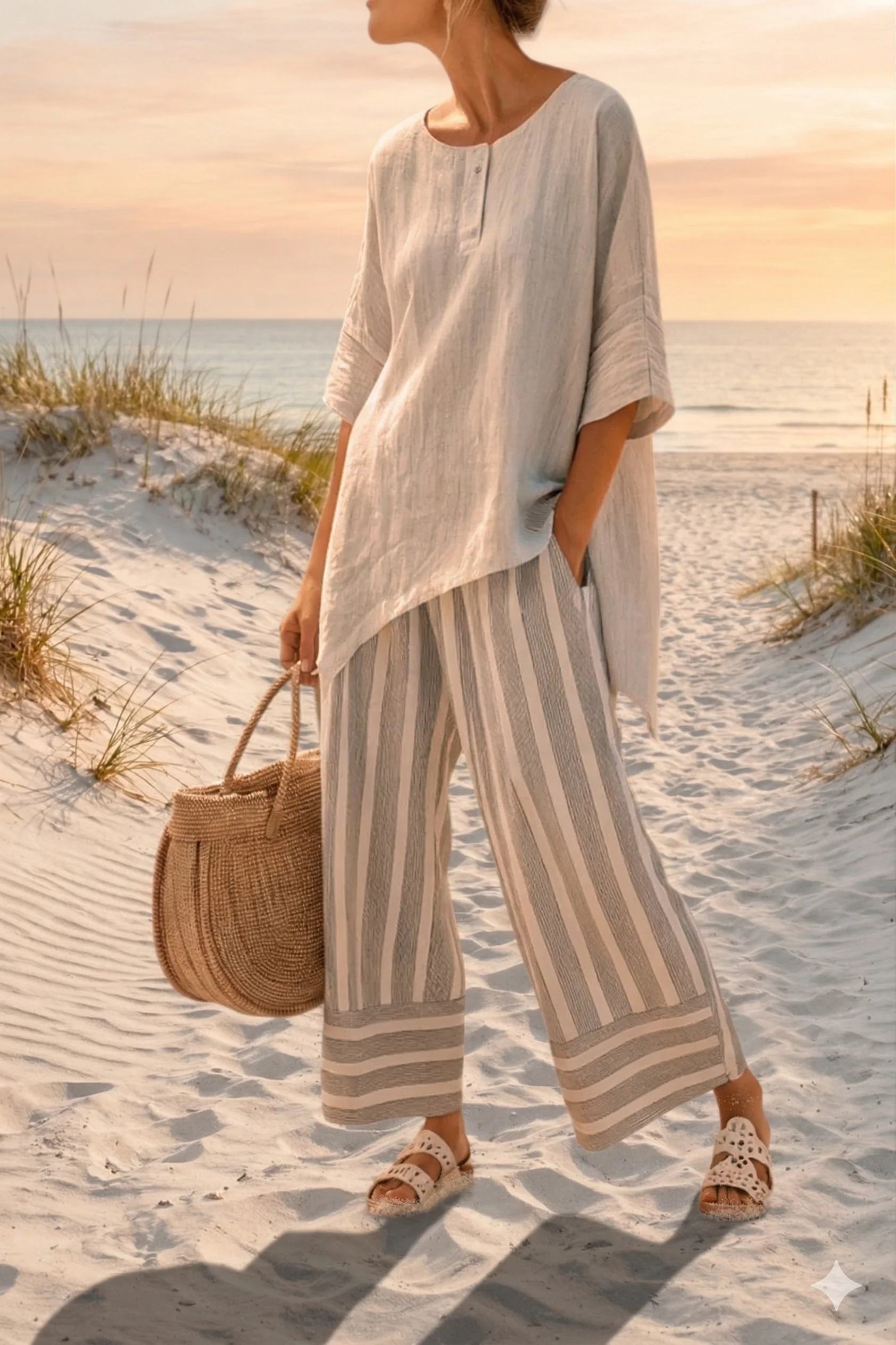 Fiorella – blouse asymétrique élégante et pantalons rayés