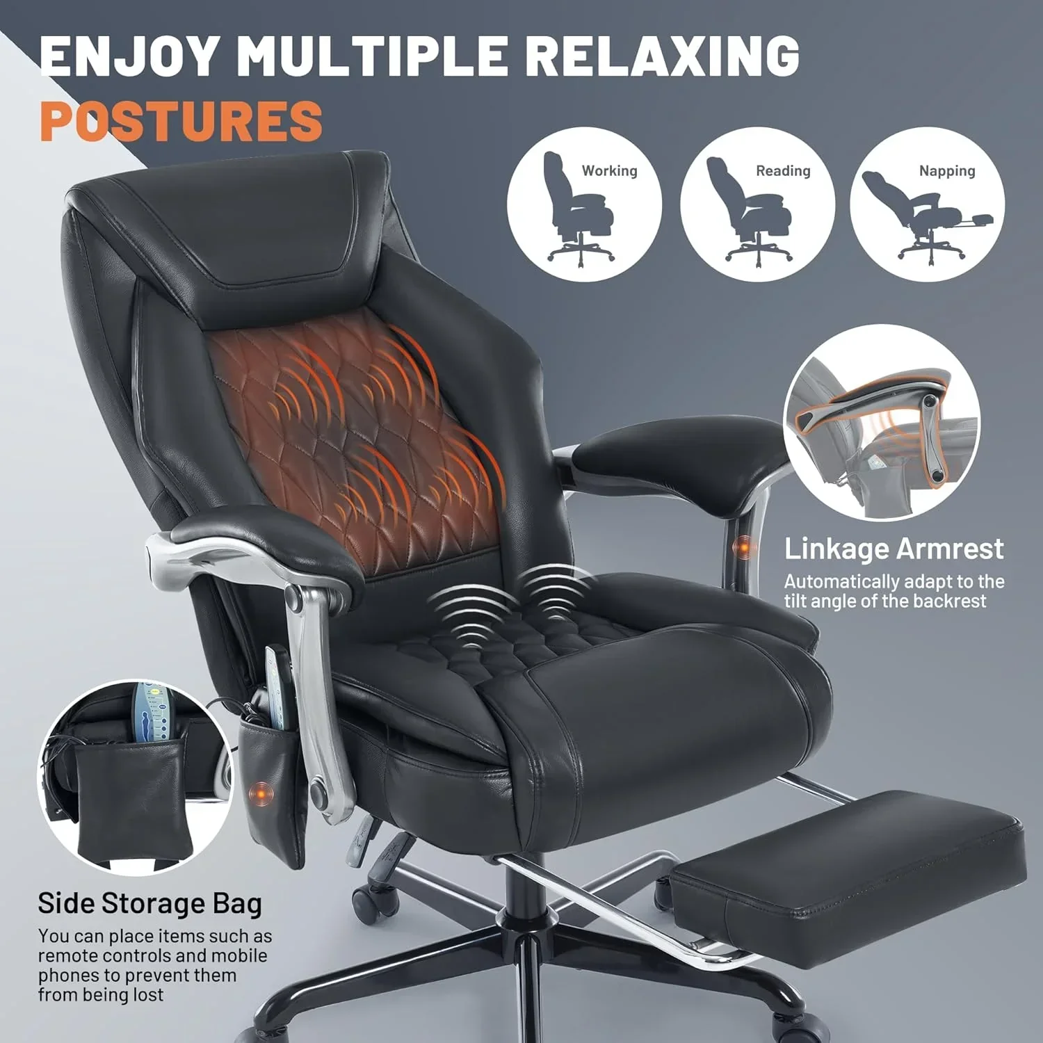 Fauteuil de bureau massant avec chauffage et repose-pieds, fauteuil de bureau ergonomique inclinable de direction