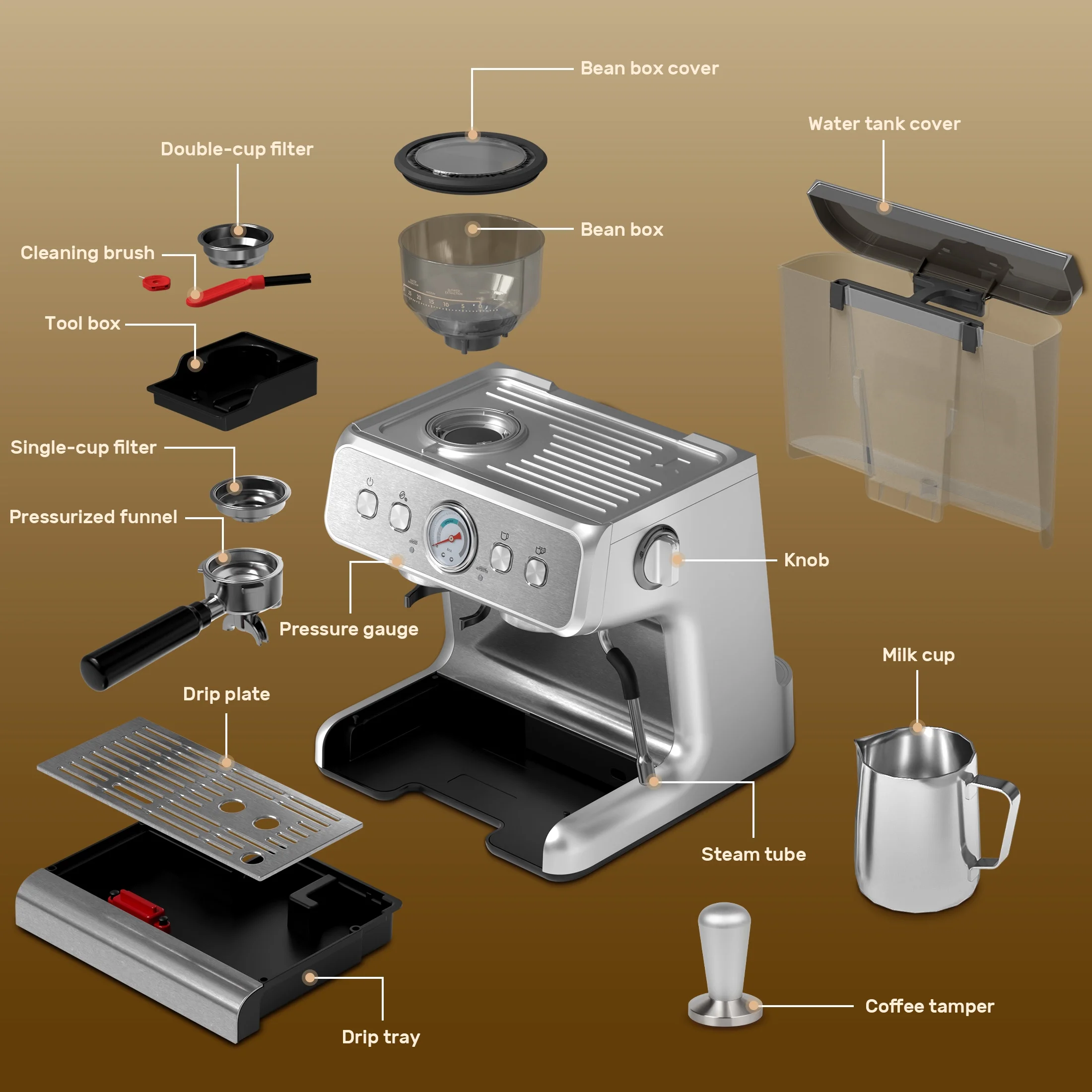 20 Bar Automatic Espresso Coffee Maker with Grinder and Milk Frother Steam Wand, Drip Hot Coffee, 12 Cups, Espresso/Cappuccino/Latte/Mocha for Home, Stainless Steel - Image 7