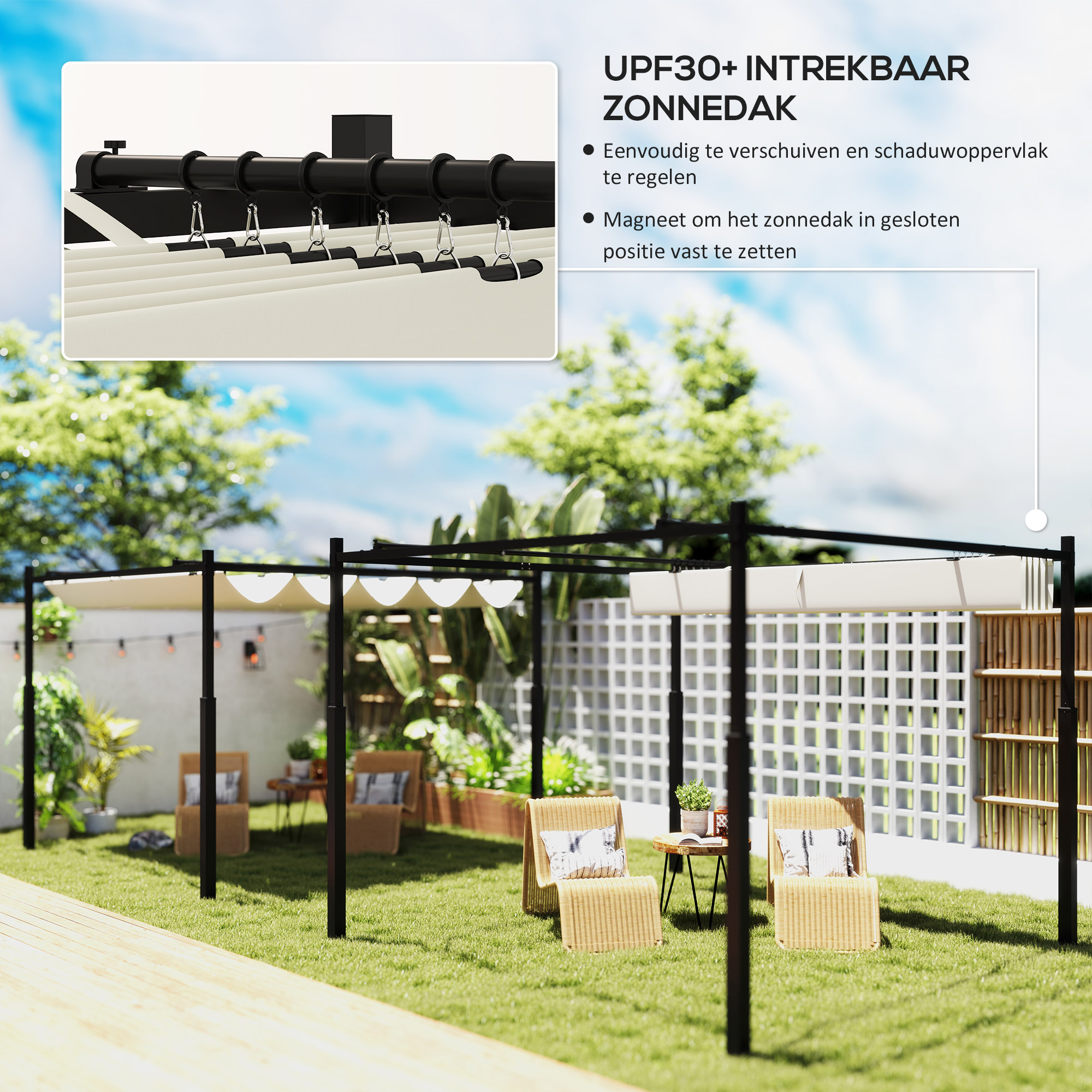 Outsunny Tuin Pergola, 3 x 3 m, Uitschuifbaar Dak en Magneetpad, Buiten Luifel, Tuinpaviljoen, UPF30+, Metaal, Crèmewit