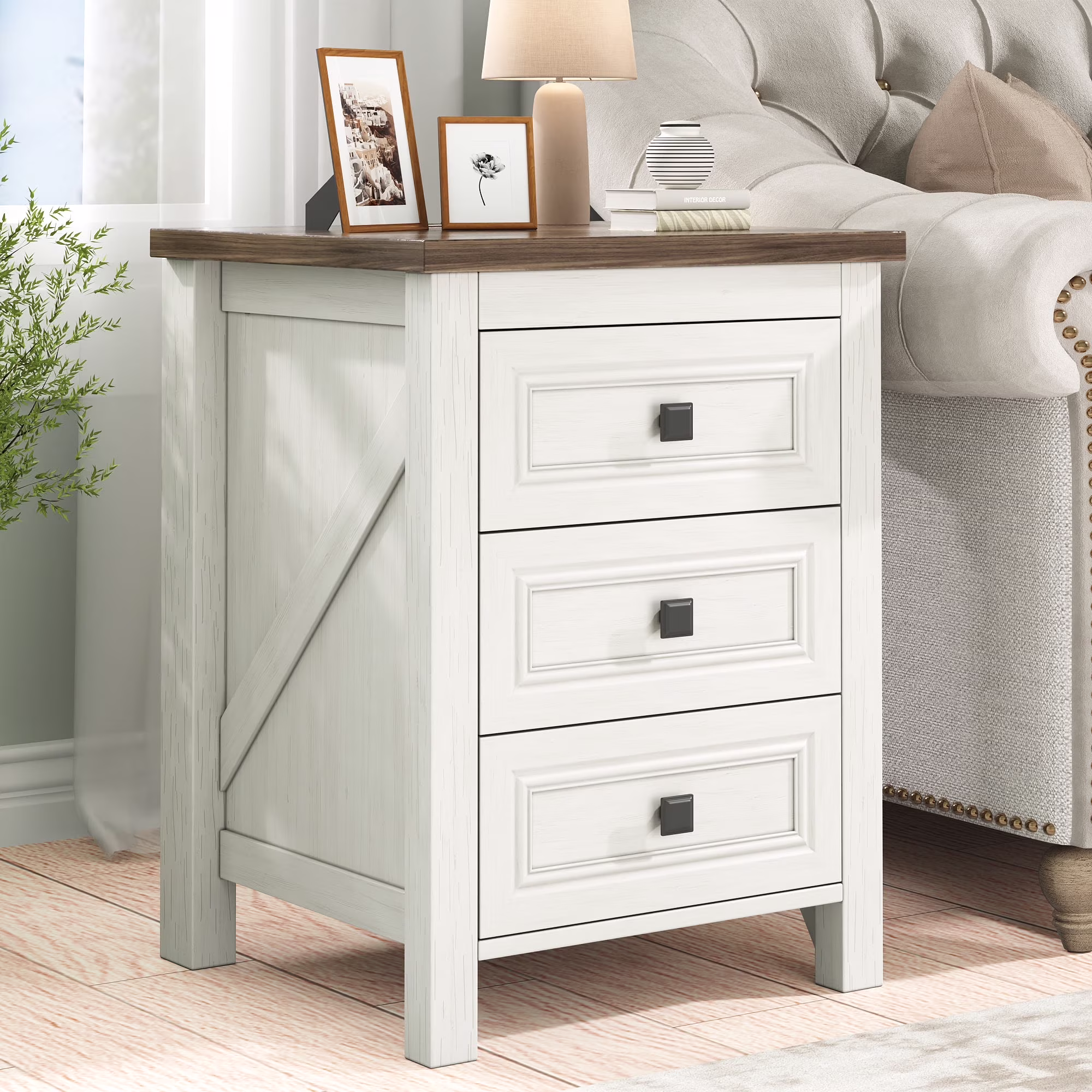Nightstand, Bedside Table with Charging Station, Farmhouse 3 Drawer Nightstand Rustic Night Stand End Tables for Bedroom Living Room,Gray(Gray-1PCS) - Image 8