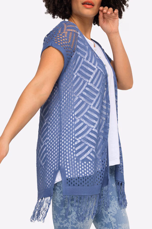 Half-Sleeve Relaxed Fit Open Front Perforated Knit Cardigan with Fringed Hem