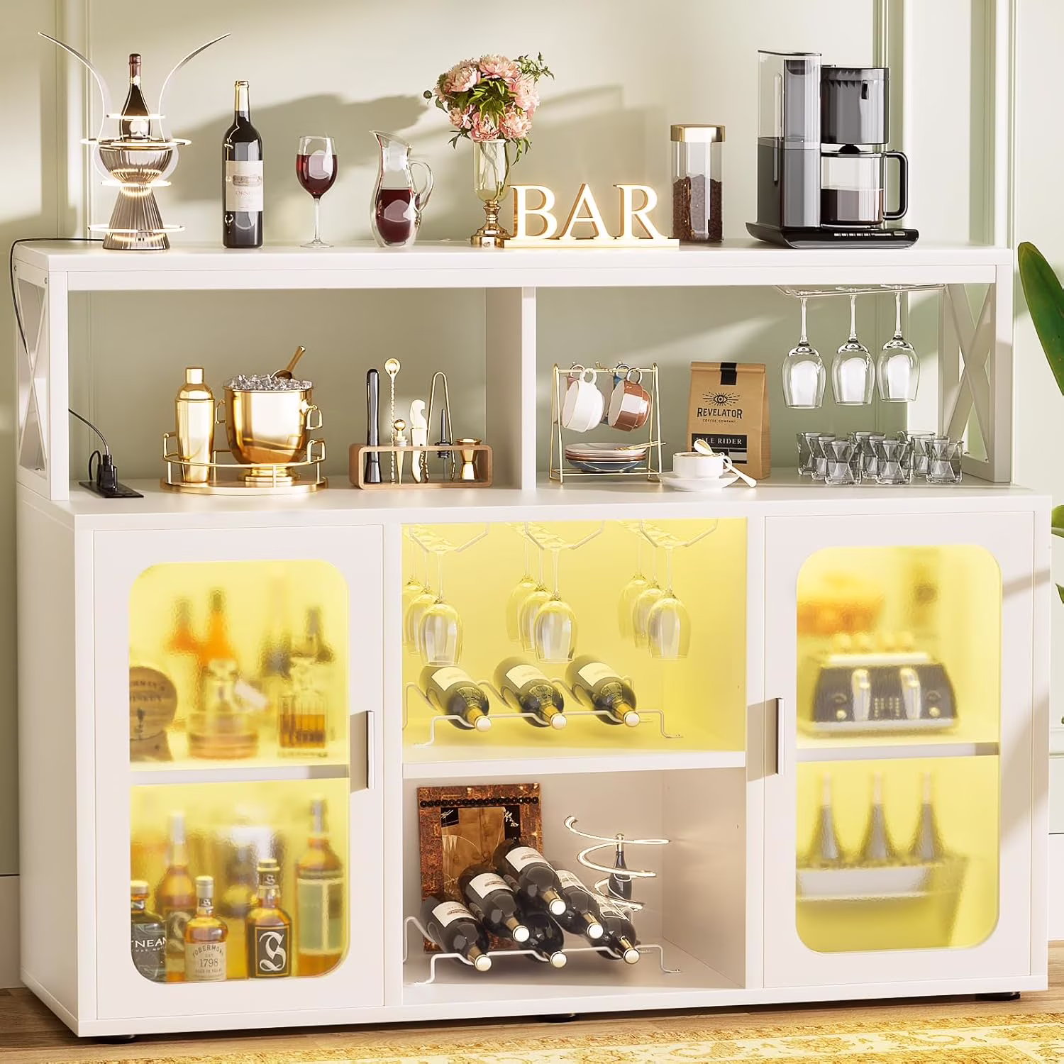 Bar Cabinet for Home, Wine Cabinet with Power Outlets, Led Lights and and Glass Holder, Liquor Cabinet with Storage, Racks for Home, Kitchen(Retro Gray) - Image 5