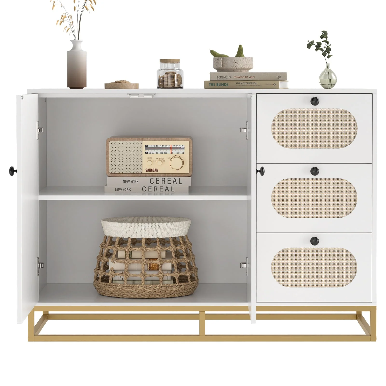 3 Drawers Accent Storage Cabinet, 34 2"H Gold Buffet Sideboard with Rattan Doors for Living Room, White Image 7
