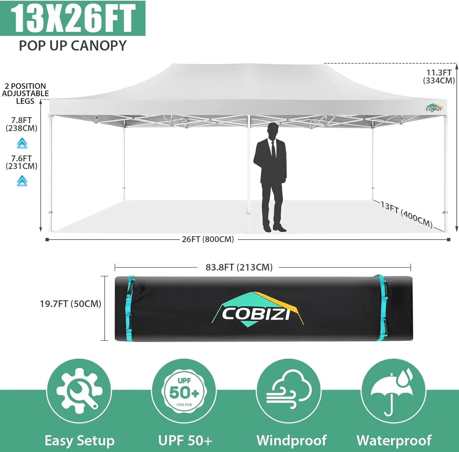 Tente pliante robuste COBIZI 10x20, 6 parois latérales, pour événements commerciaux, mariages et réceptions