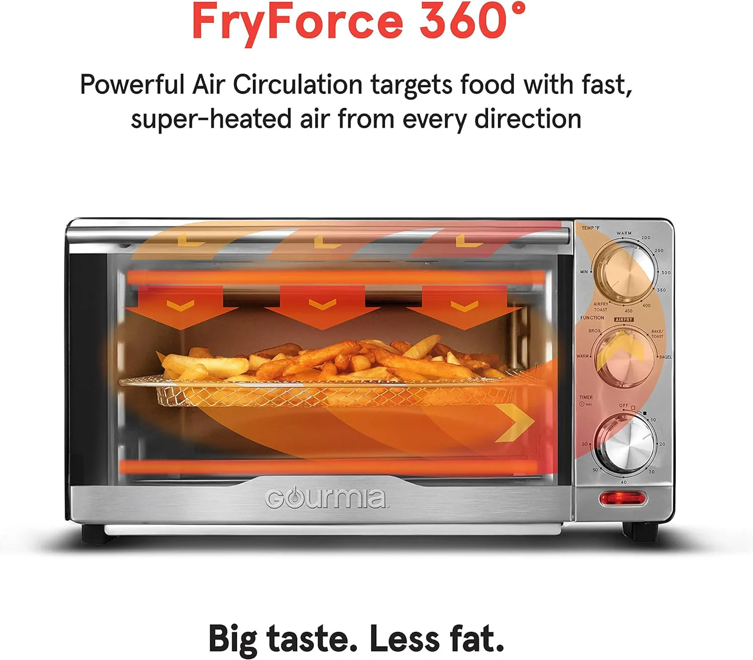 Four Gourmia avec friteuse à air chaud, 17 programmes de cuisson prédéfinis, capacité de 24 L et grille à convection.