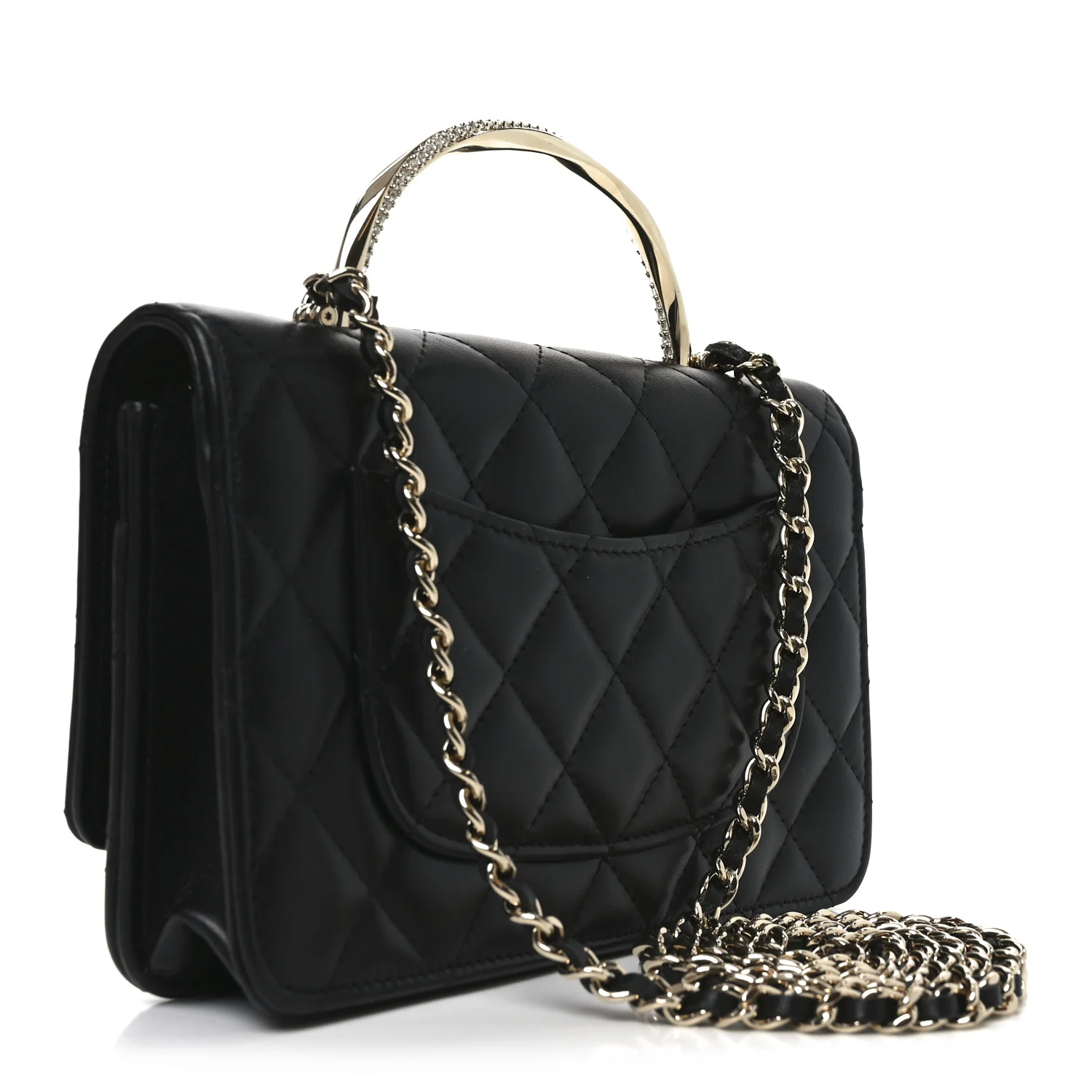 Lambskin Quilted Crystal Handle Wallet On Chain WOC Black