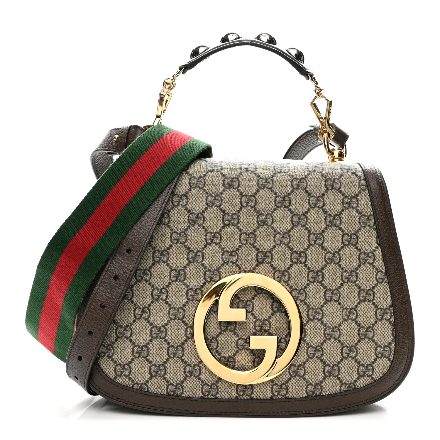 GG Supreme Monogram Textured Dollar Calfskin Web Medium Blondie Top Handle Shoulder Flap Bag Beige Ebony New Acero
