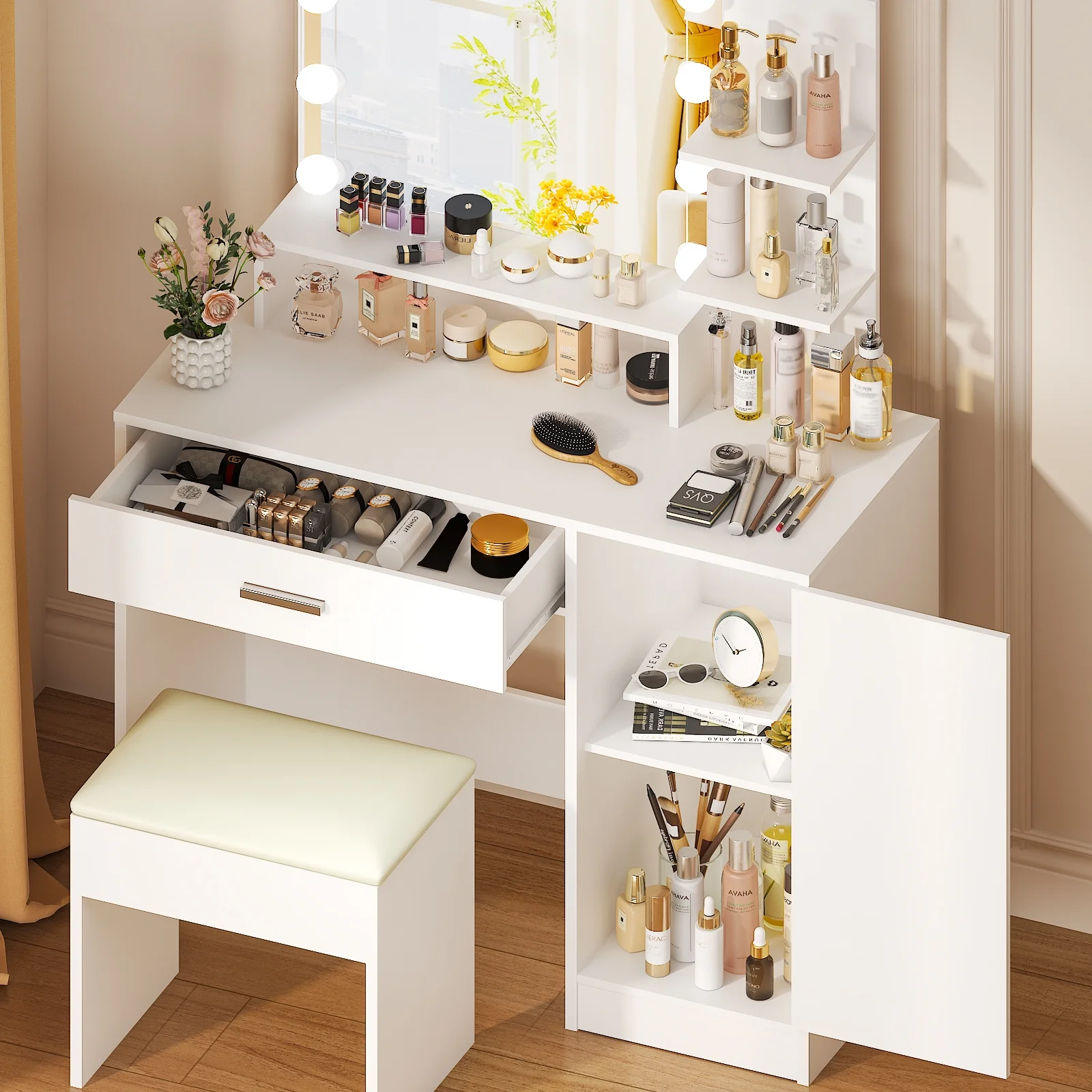 Vanity Set with 3 Color Lighted Mirror, Makeup Table with 3 Storage Shelves Drawers, Dressing Table Makeup Desk with Stool,White(White) - Image 10