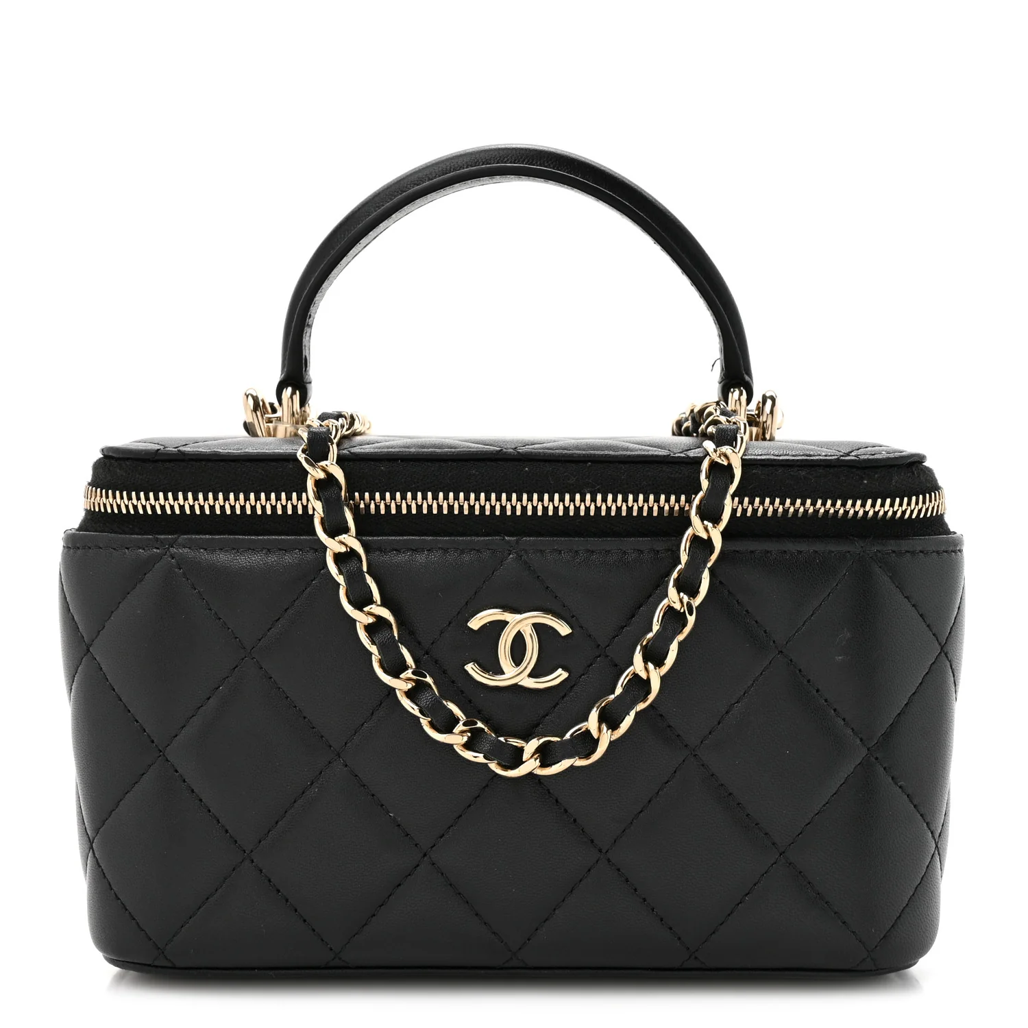 Lambskin Quilted Small Top Handle Vanity Case With Chain Black