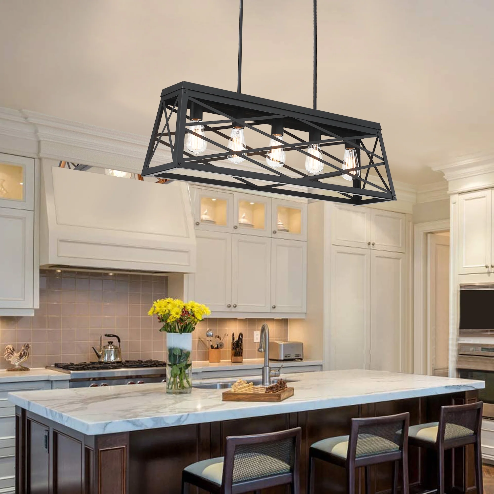5-Light Farmhouse Matte Black Chandelier Industrial Pendant Lighting for Kitchen Island for Dining Room, Living Room