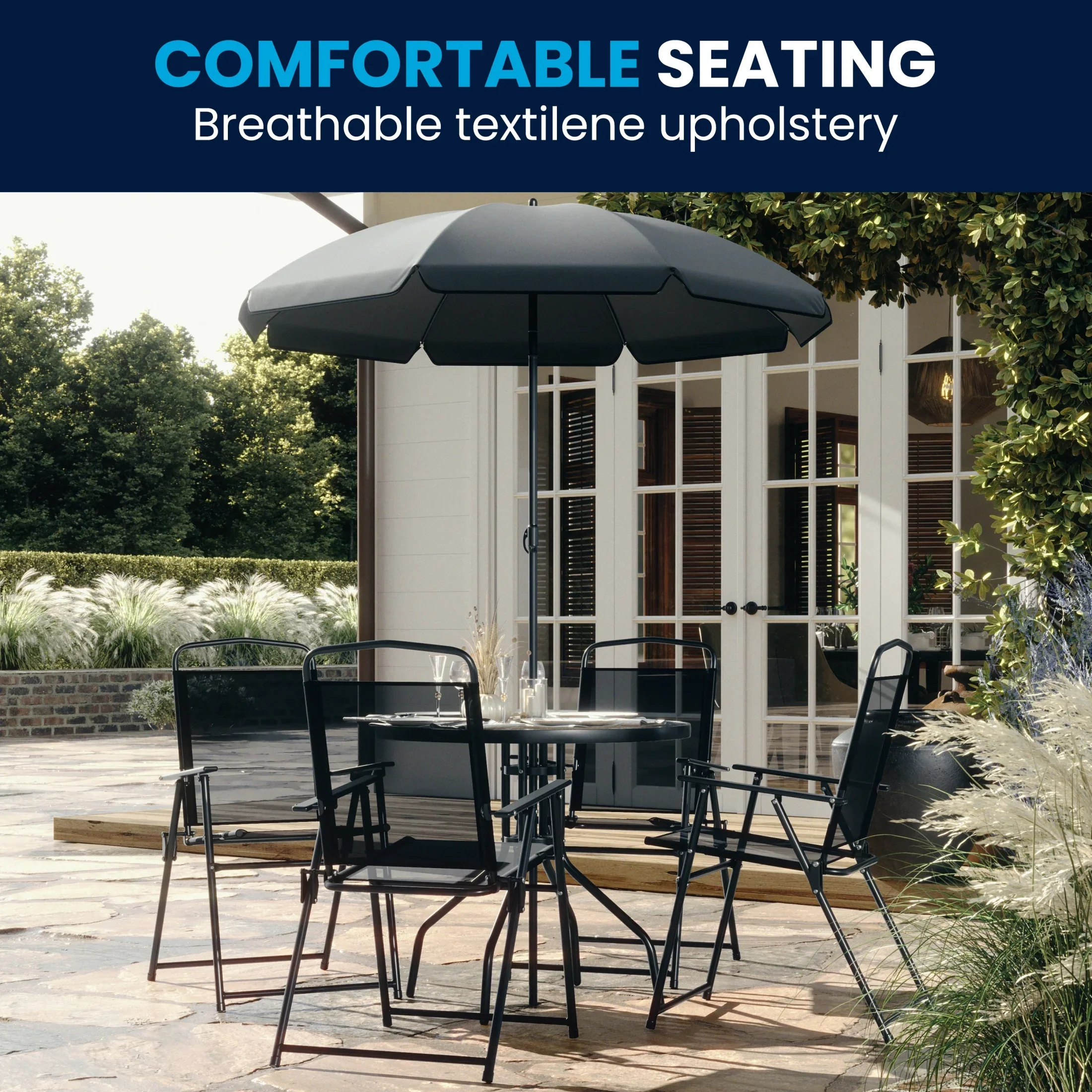 Flash Furniture Nantucket 6 Piece Black Patio Garden Set with Umbrella Table and Set of 4 Folding Chairs