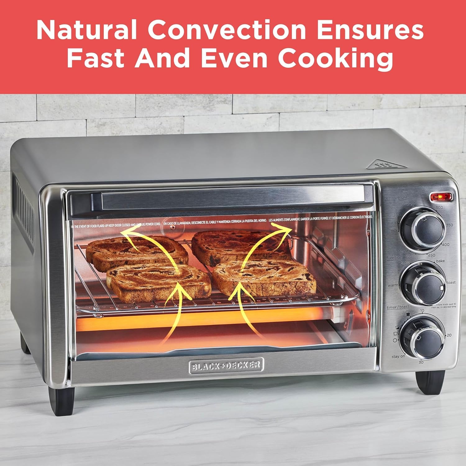 BLACK+DECKER TO1313SBD Toaster Oven, 15.47 Inch, Silver| Compact convection oven fits a 9-inch pizza with timer, stay-on function and removable crumb tray
