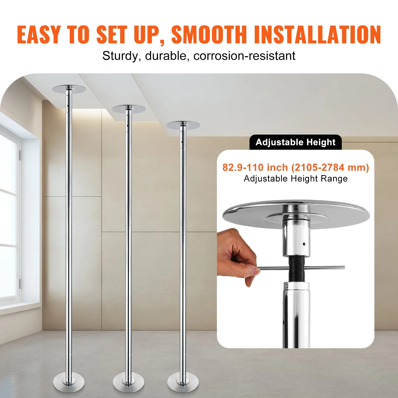 Expert Dance Pole, Rotating and Stationary Dance Pole Set, Detachable Portable Pole, 45mm Robust Stainless Steel Pole, Fitness Pole with Adjustable Height, Suitable for Workout Home, Silver(82-108" Silver) - Image 10