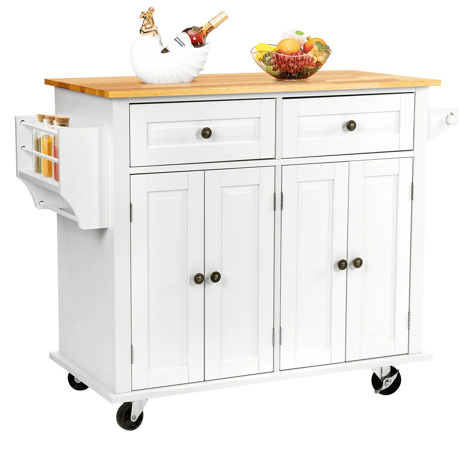 Richya Kitchen Island with Storage, Rolling Kitchen Cart with Lockable Wheels, Rubber Wood Tabletop Kitchen Island Table for Kitchen, Living Room, White