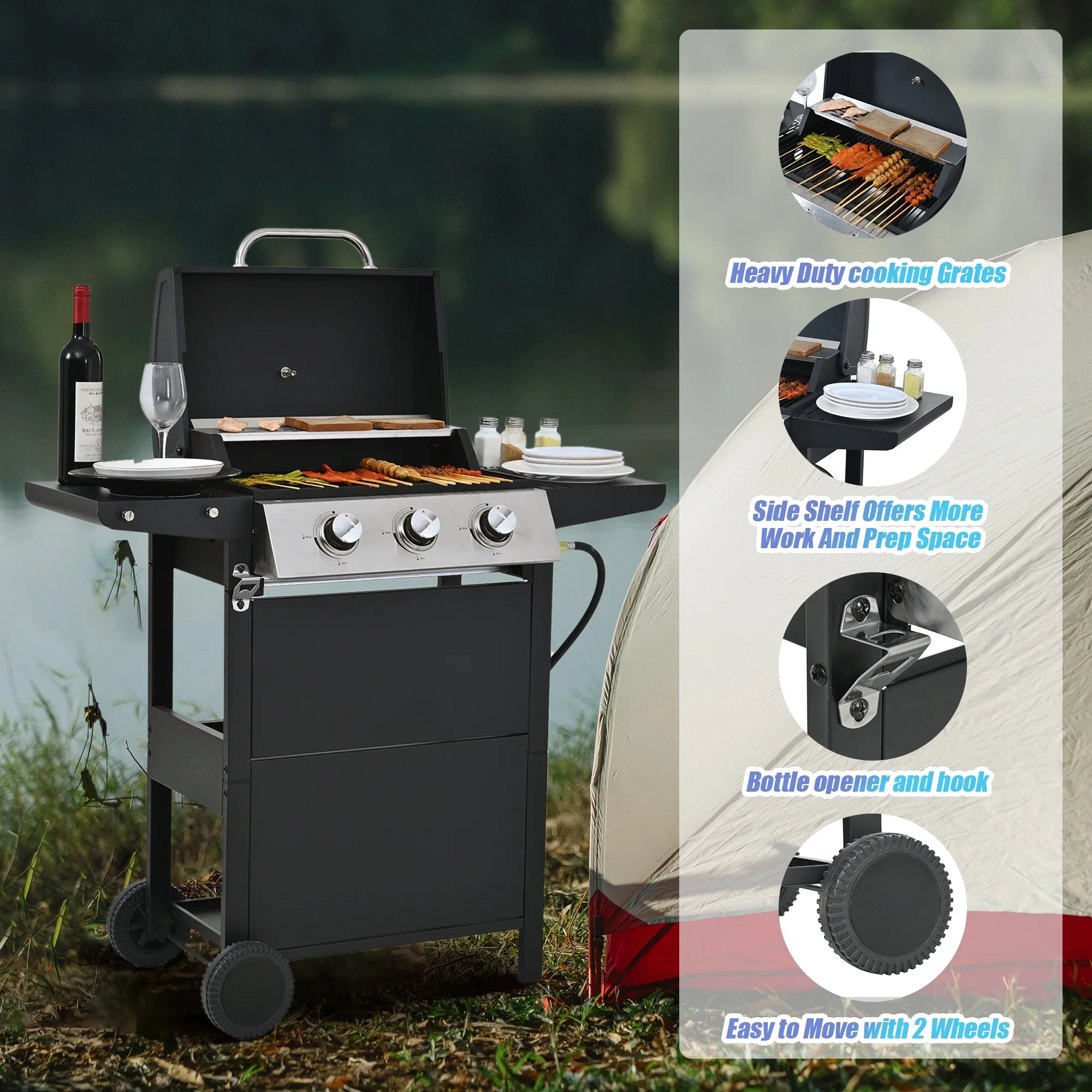 3 Burner BBQ Propane Gas Grill, Stainless Steel 30,000 BTU Patio Garden Barbecue Grill with Two Foldable Shelves