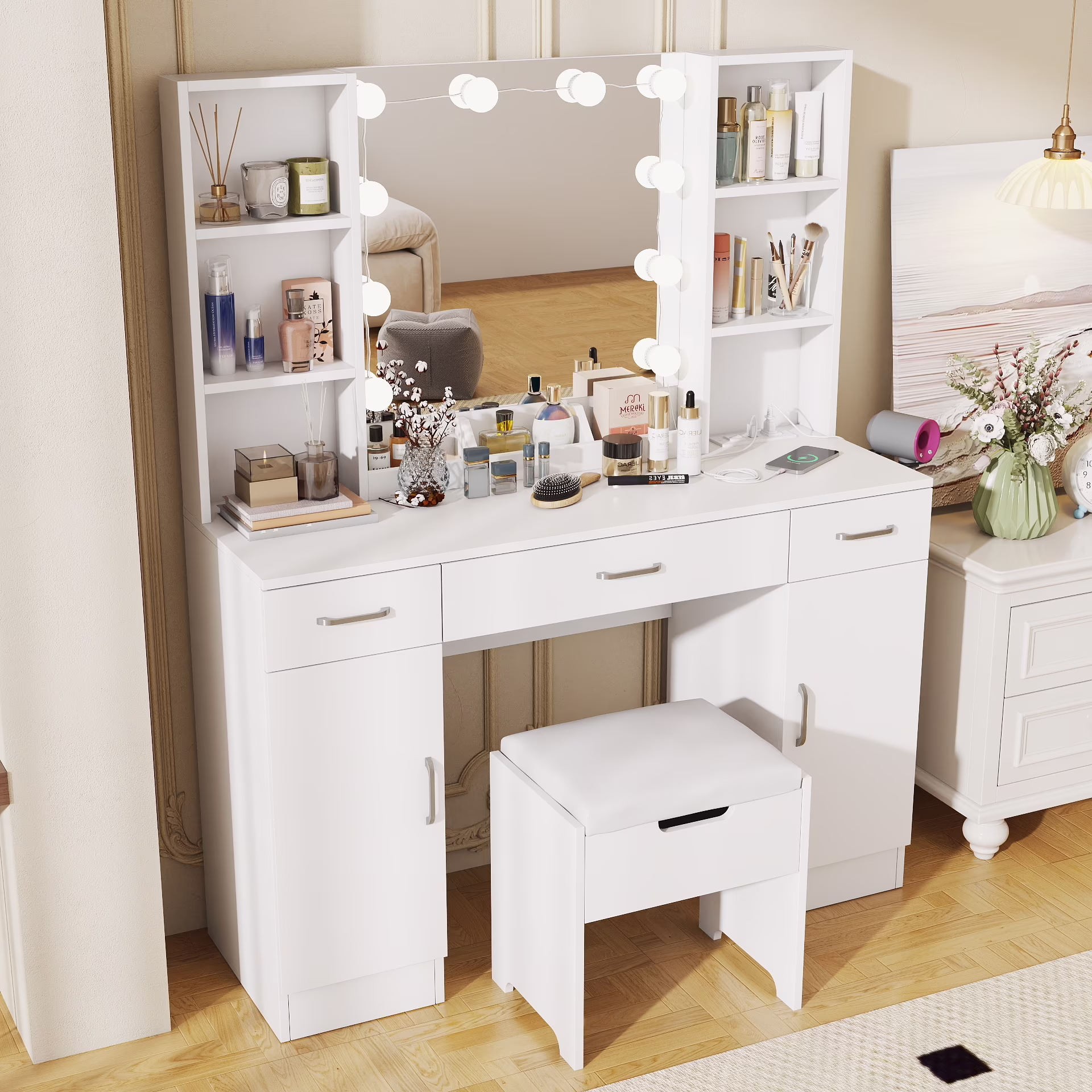 Large Makeup Vanity Set with Light Modern Makeup Vanity Table with Storage and Adjustable Lighting Colors for Bedroom 45.2in, White(White) - Image 3