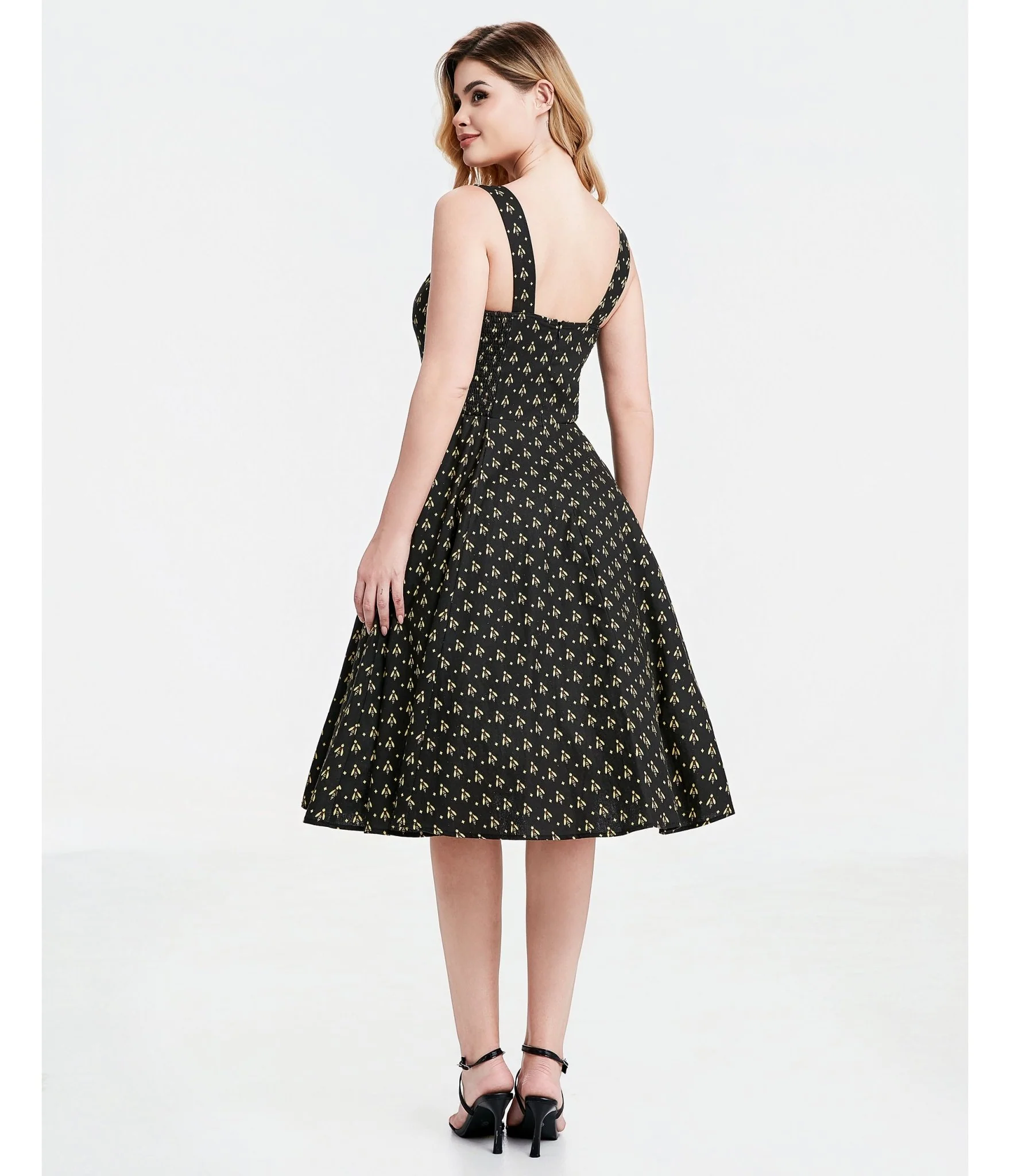 Black Atomic Bees Print Heidi Dress