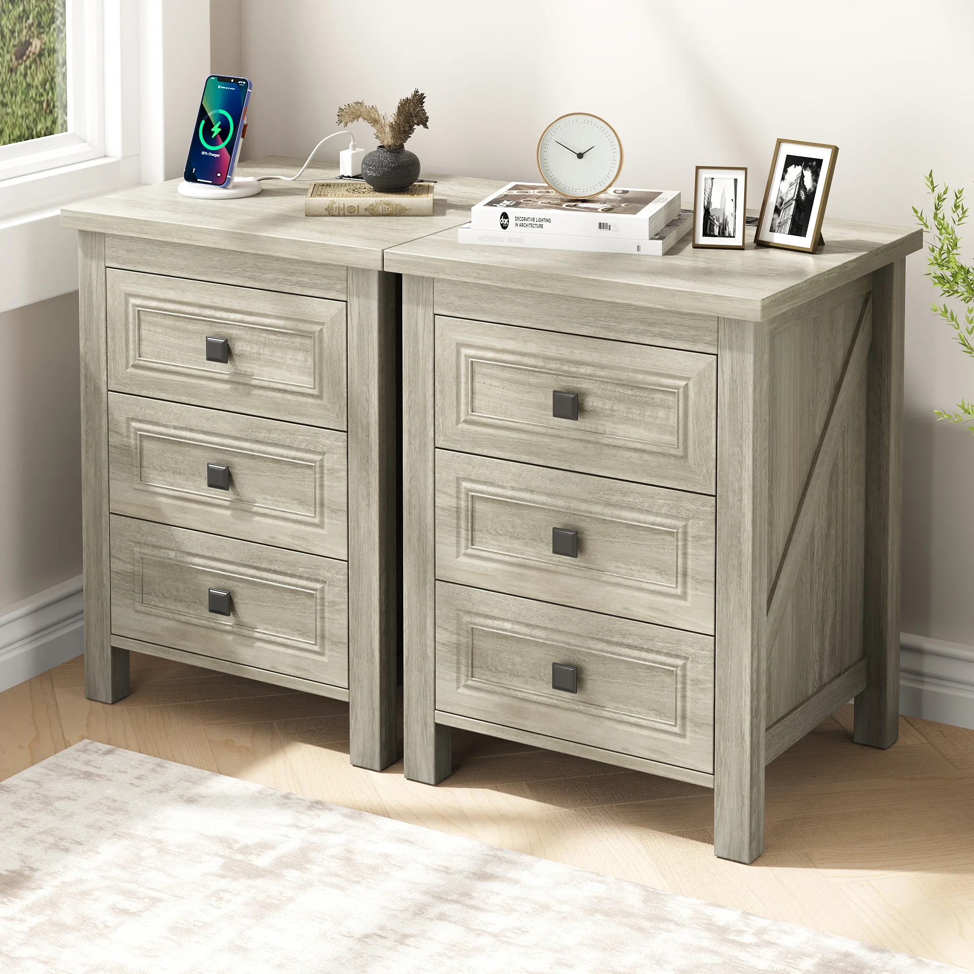 Nightstand, Bedside Table with Charging Station, Farmhouse 3 Drawer Nightstand Rustic Night Stand End Tables for Bedroom Living Room,Gray(Gray-1PCS) - Image 3