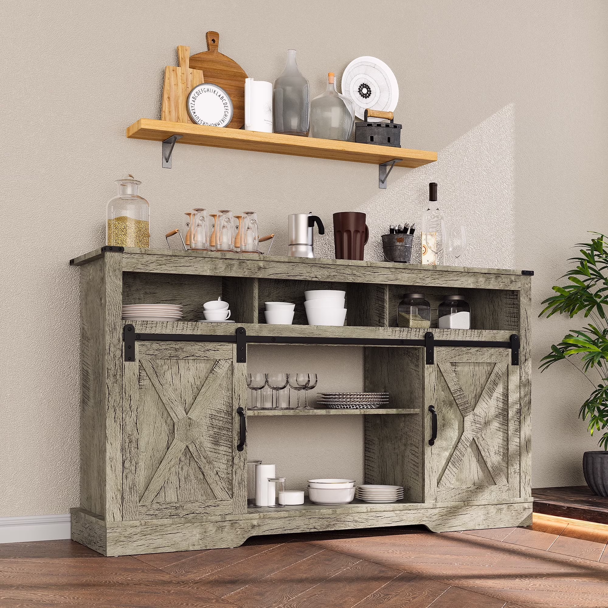 Farmhouse TV Stand for 65+ inch TV,34'' Tall Entertainment Center with Sliding Barn Doors, Rustic Wood Media Console Storage Cabinet Television Stand for Living Room, Light Grey(TV Stand 2/Light Grey) - Image 9