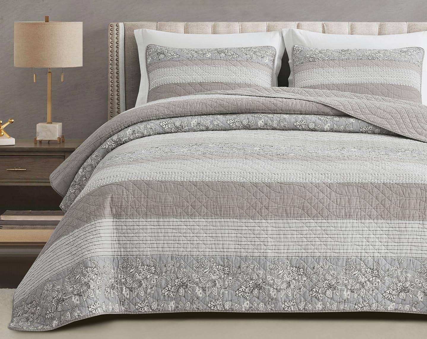 Chezmoi Collection Robyn 3-Piece Neutral Taupe Gray White Floral Hibiscus Flower Patchwork Striped Quilt Set - Pre-Washed Cotton Coverlet - Lightweig