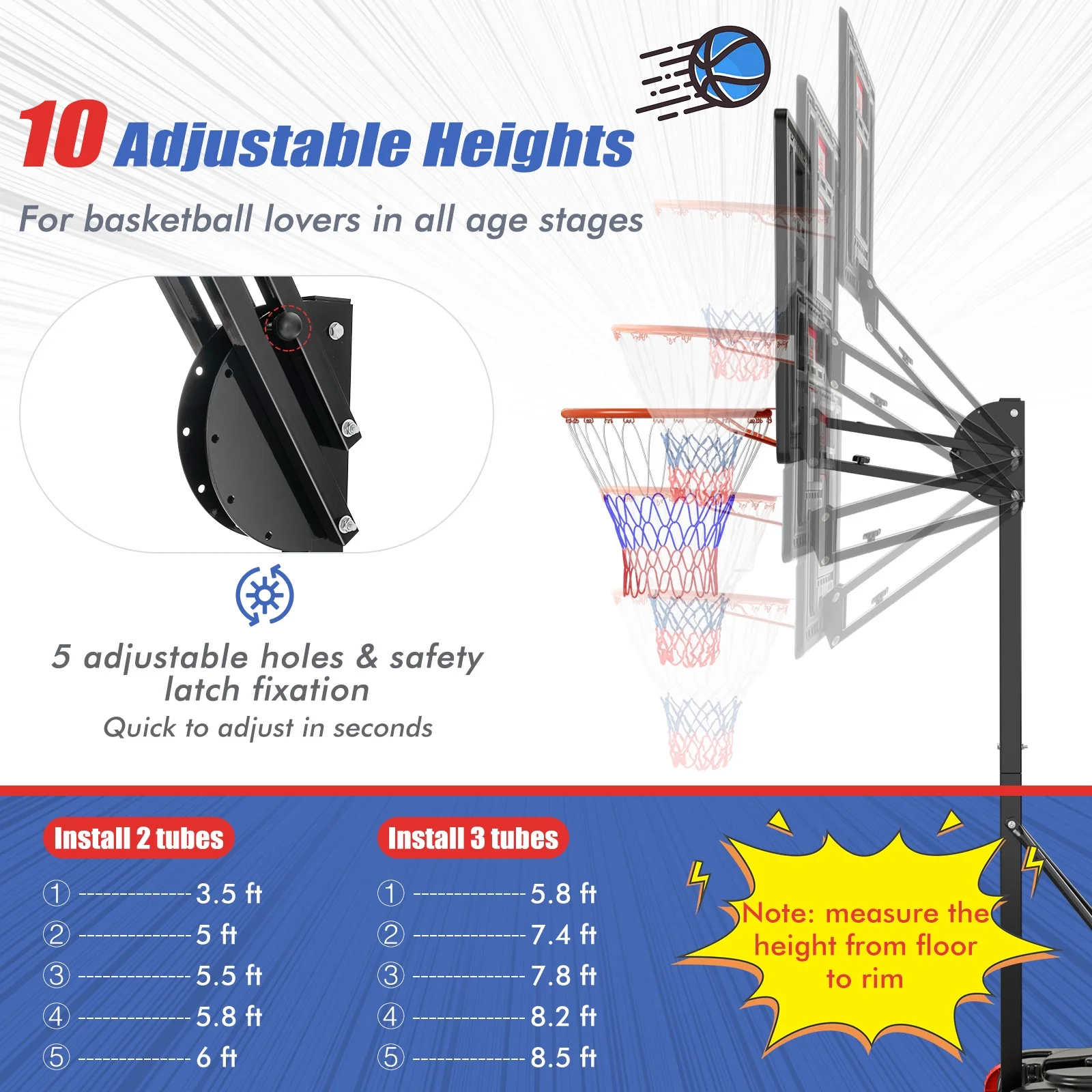 Portable Basketball Hoop System 5-10 FT Adjustable W/Weight Bag Wheels Outdoor - Image 5