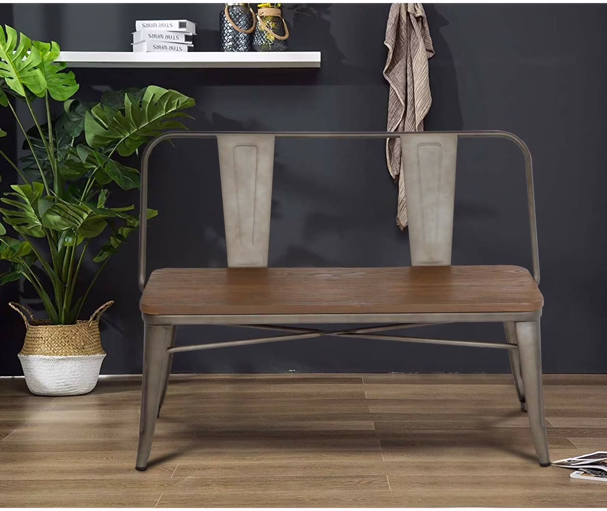 Metal Bench Industrial Mid-Century 2 Person Chair with Wood Seat,Dining Bench with Floor Protector(Bronze)
