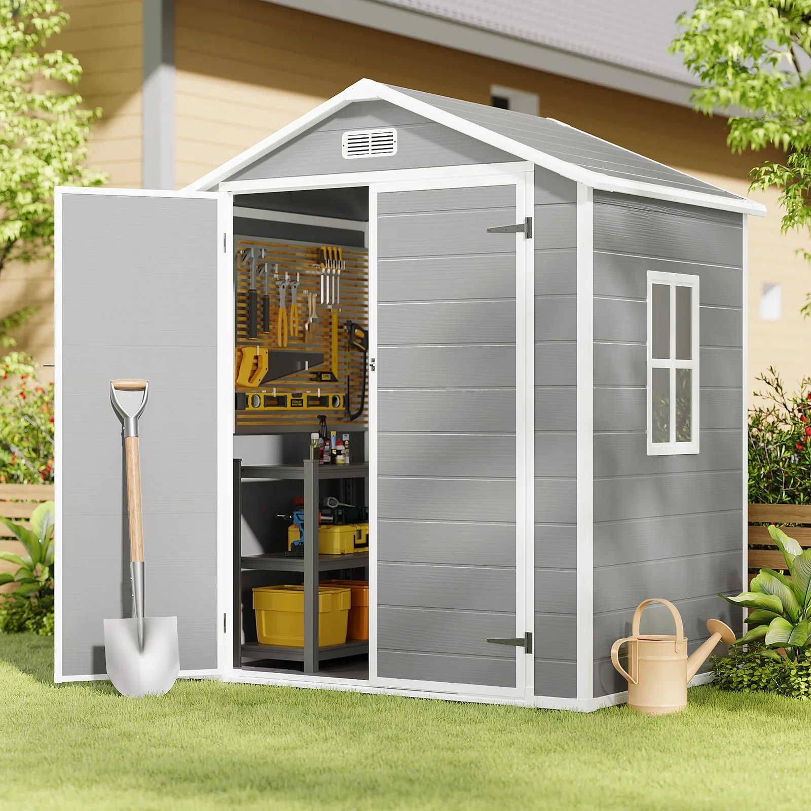 Asofer 6x4 FT Resin Storage Shed, Plastic Outdoor Shed with Floor��Side Window, Lockable Door for Backyard, Garden, Patio, Gray