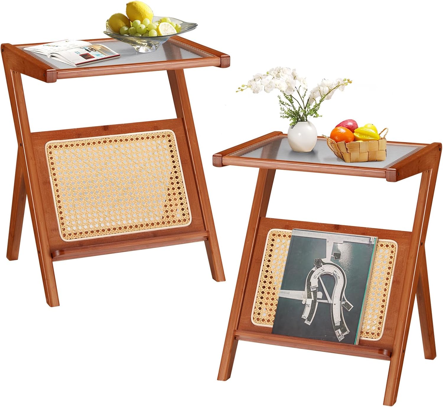 AECOJOY Rattan Side Table Set of 2, Rattan End Table Z-Shaped Boho Nightstand with Glass-top