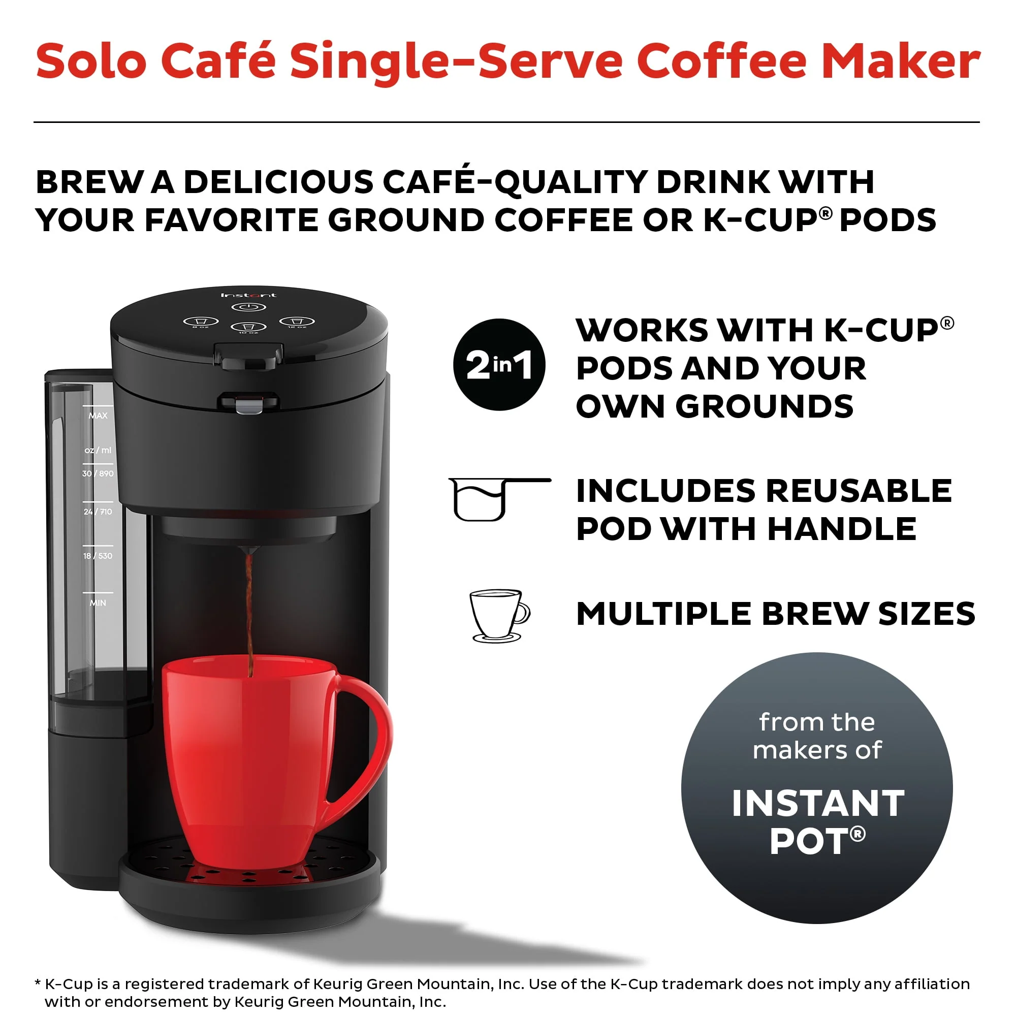 Instant Solo Café 2 - in - 1 Single Serve Coffee Maker for K - Cup Pods and Ground Coffee, Black