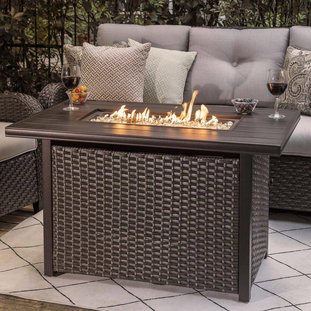 Nuu Garden Brown 43 in. 50000 BTU Rectangular Wicker Aluminum Propane Gas Outdoor Fire Pit Table with Removable Lid Fire Glass