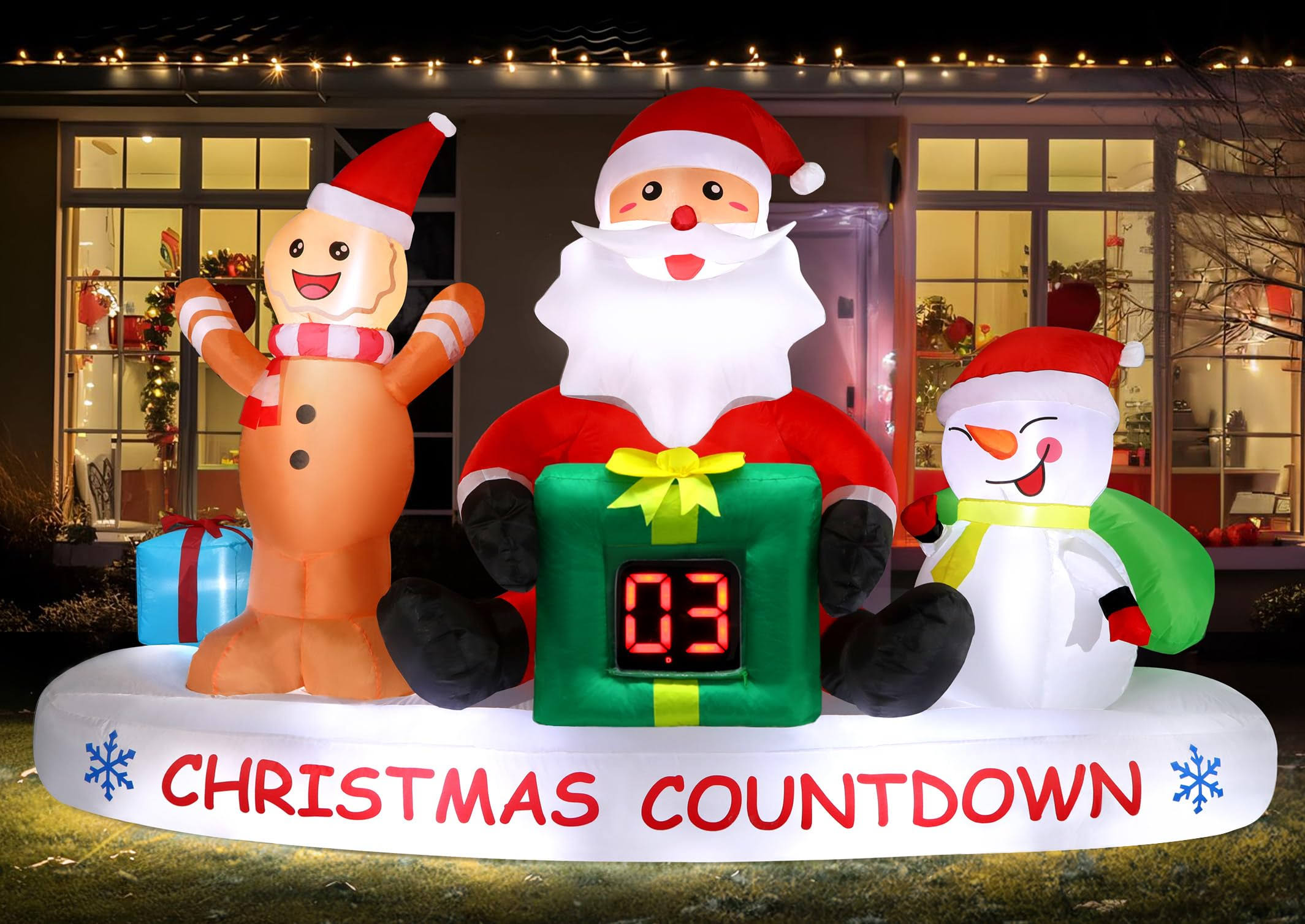 Alupssuc 8 ft Christmas Inflatable Outdoor Decorations with LED Christmas Countdown Clock, Snowman Santa and Gingerbread Man, Lighted Blow Up Lawn
