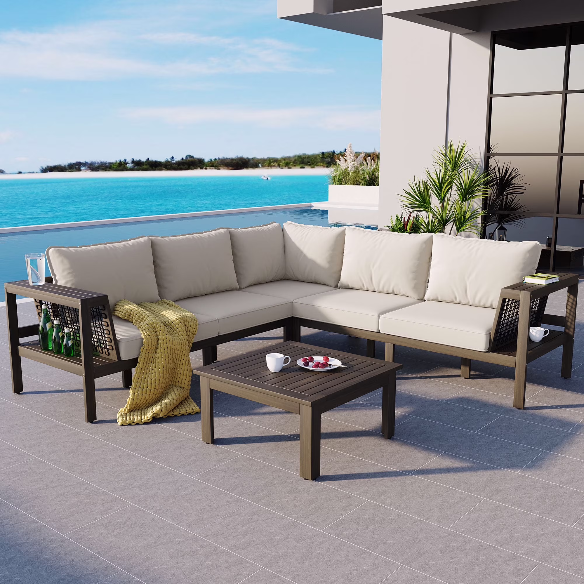 Harper & Bright Designs Patio L-Shaped Conversation Sectional Sofa Set with Coffee Table, Outdoor Acacia Wood Seating Group with Side Table for Backyard Garden, Beige, Grayish Brown