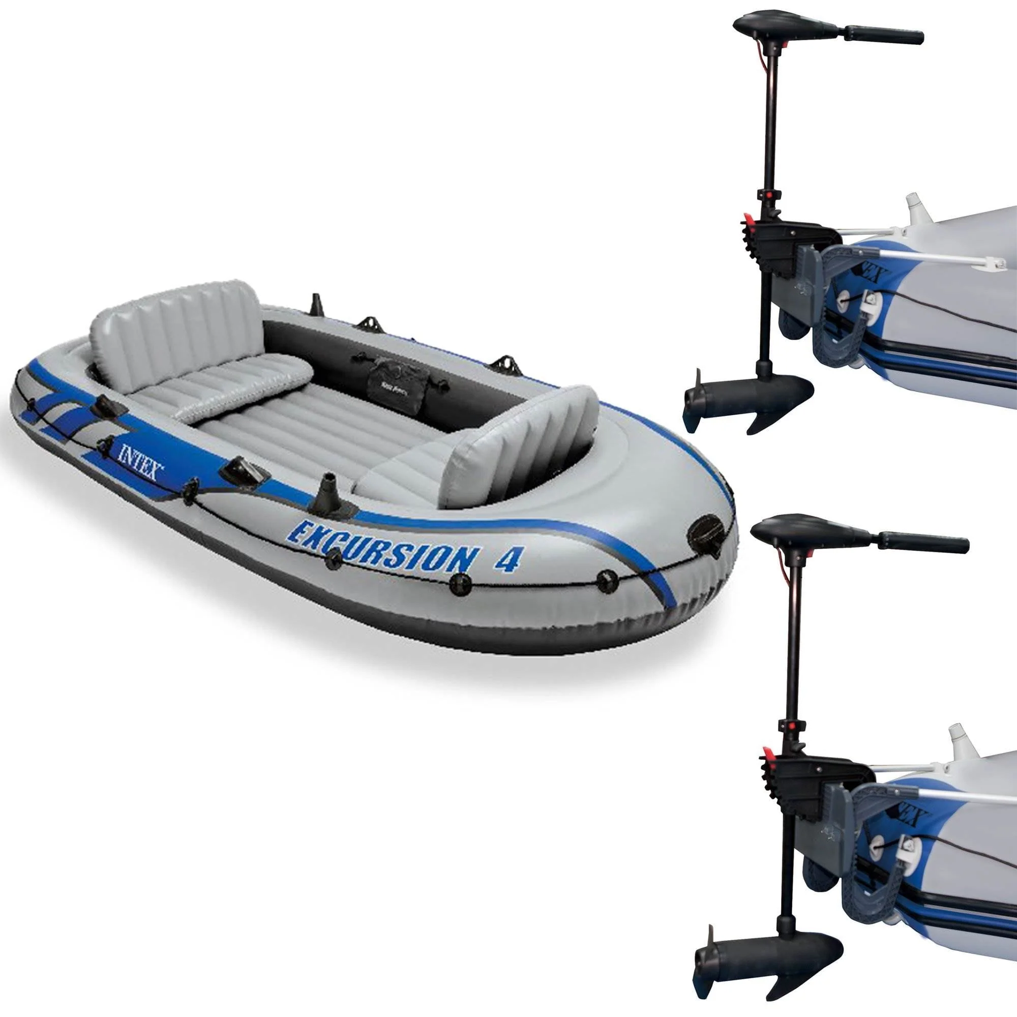 Excursion 4 Inflatable Raft Set w/ 2 Transom Mount 8 Speed Trolling Motors