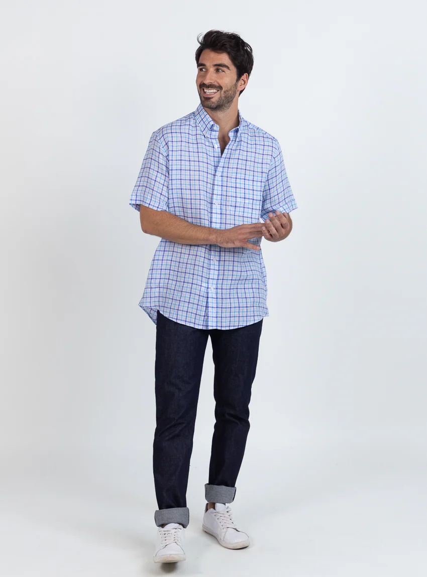 Chemise homme en lin carreaux bleus