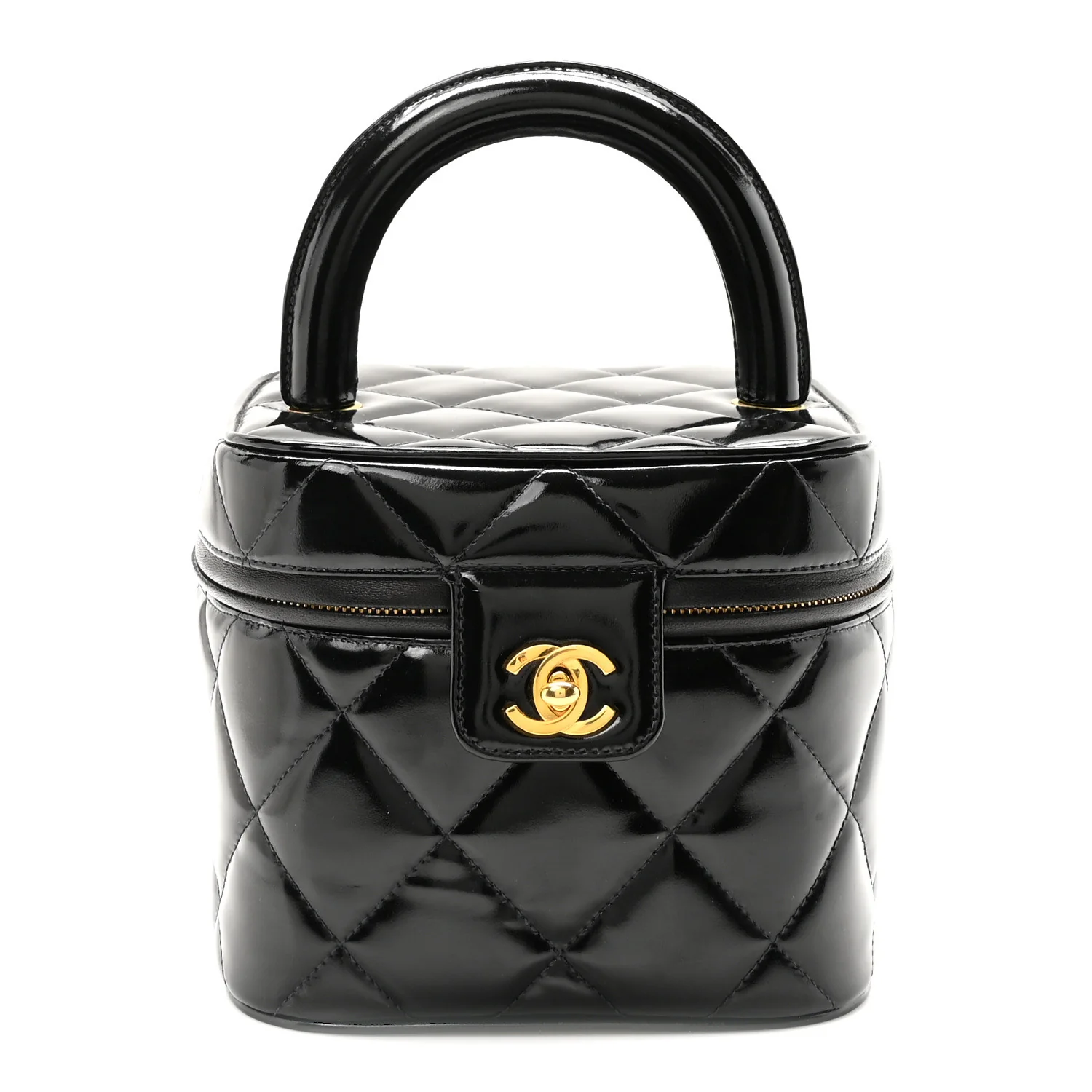 Patent Quilted Top Handle Vanity Case Black