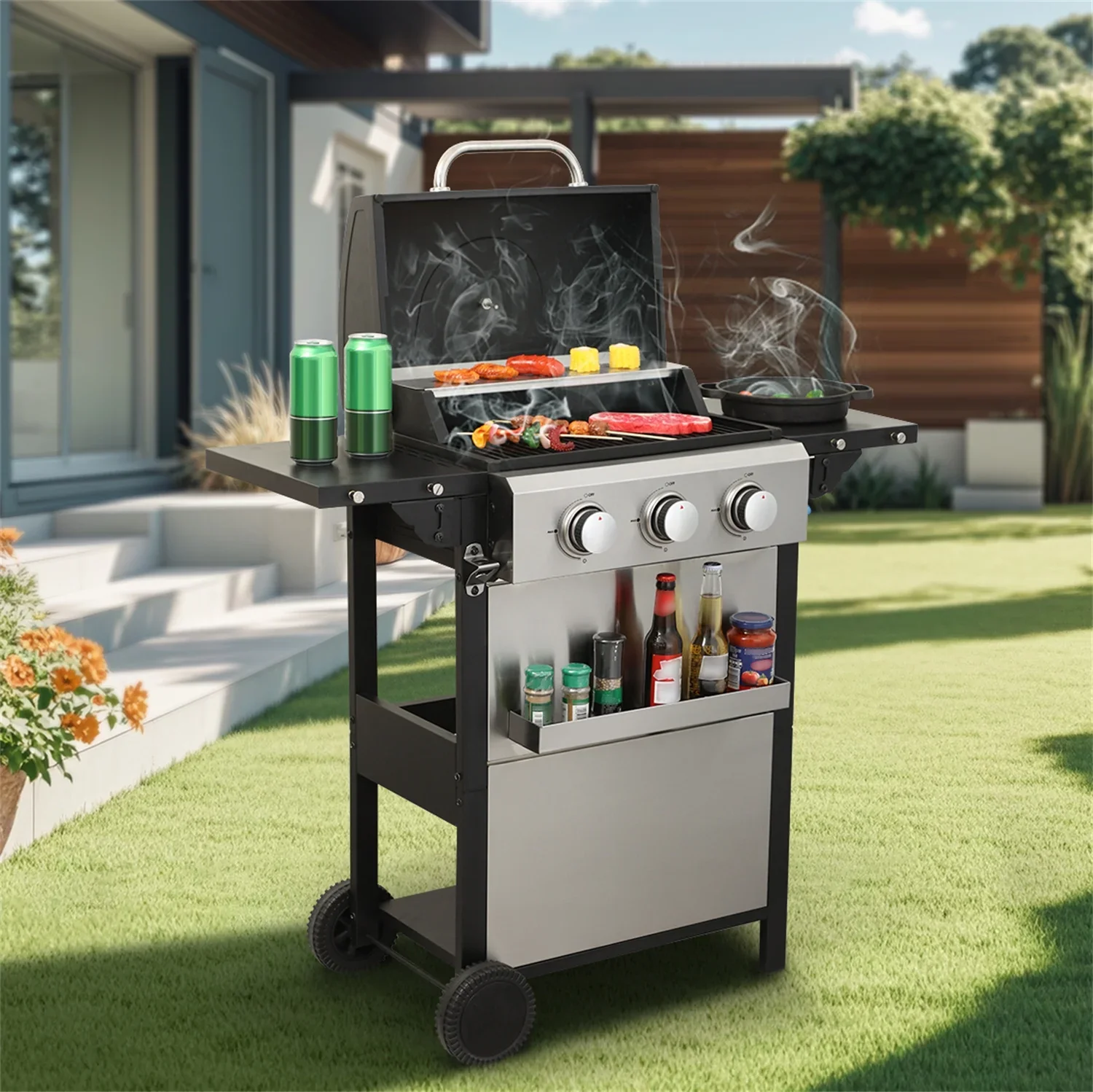 HighSound 3 Burner BBQ Propane Gas Grill, Stainless Steel 25650 BTU Patio Garden Barbecue Grill with Wire Enamel Cooking Grids & Foldable Shelves, Black