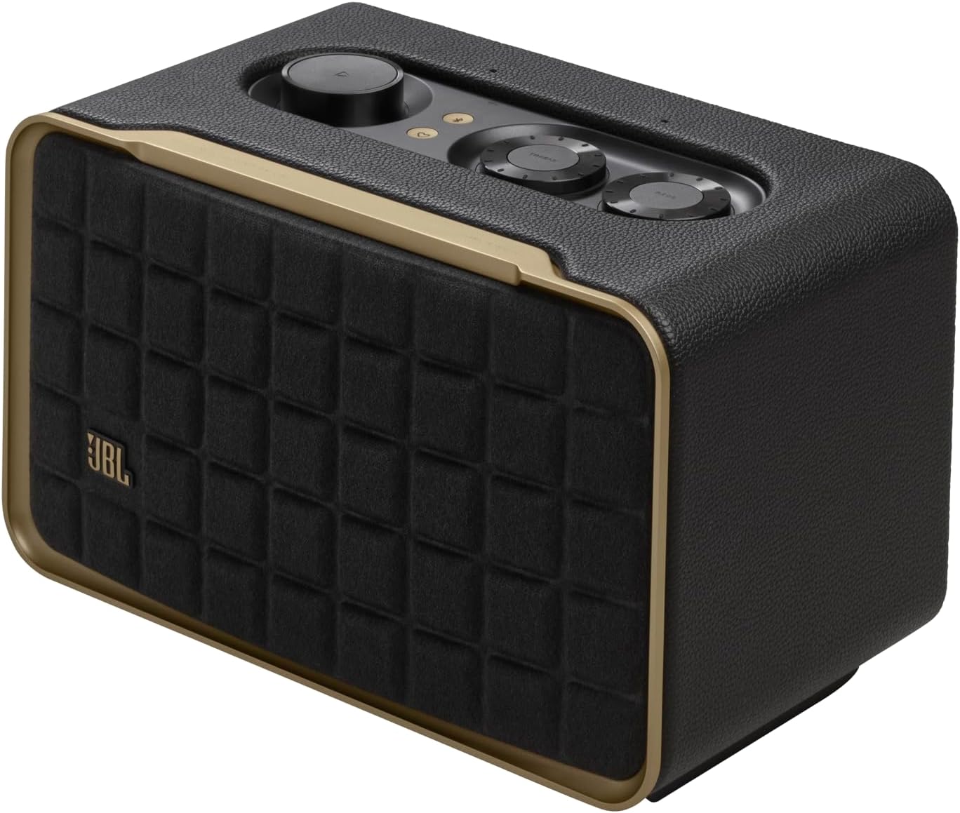 JBL Authentics 200 - Retro Style Smart Home Speaker with Built in Wi-Fi  Bluetooth and Voice Assistants  Alexa and Google Assistant  Multi-Room Playback  Automatic self tuning (Black/Gold)