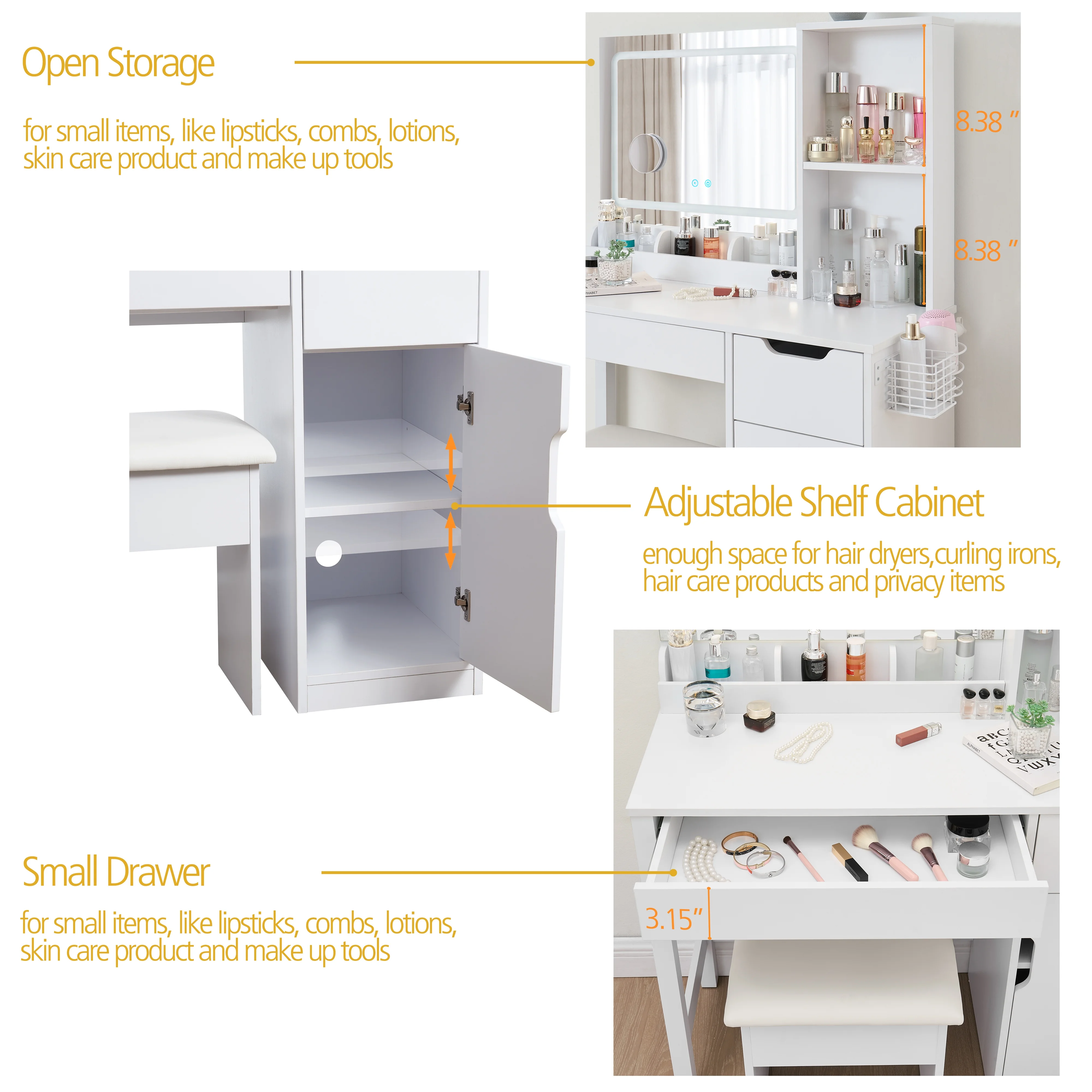 Get Ready with Me GRWM Deluxe 2 Piece Vanity and Stool with Lighted Mirror and USB Power, White Finish(White Right side storage) Image 10